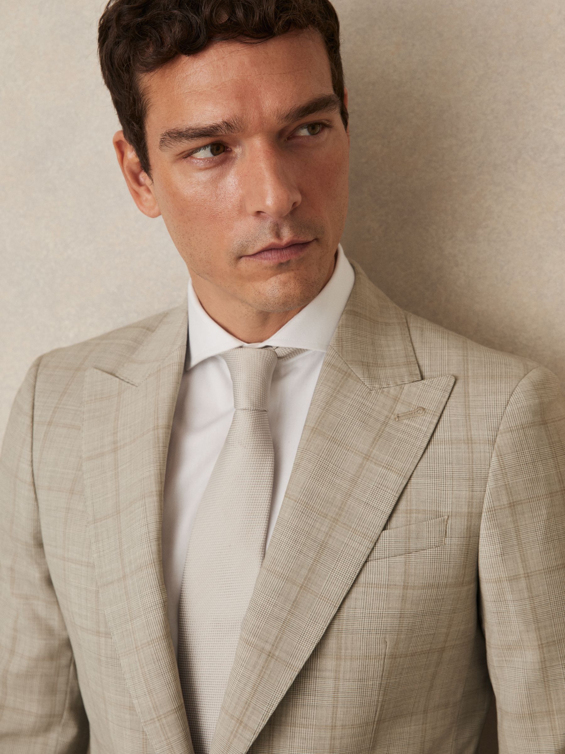 Slim-Fit Single-Breasted Wool Check Suit Blazer in Oatmeal Brown - Image 4 of 9