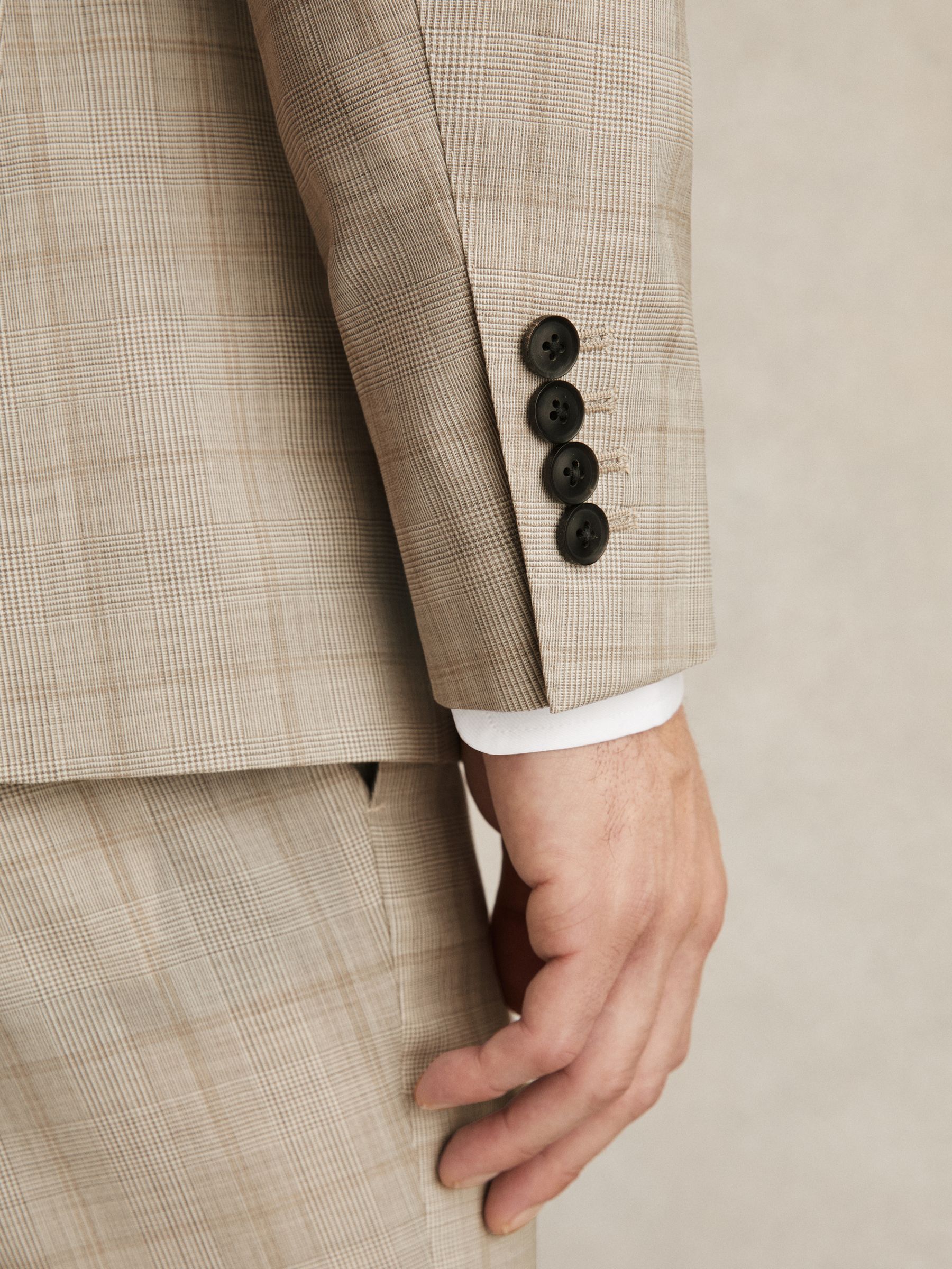 Slim-Fit Single-Breasted Wool Check Suit Blazer in Oatmeal Brown - Image 6 of 9