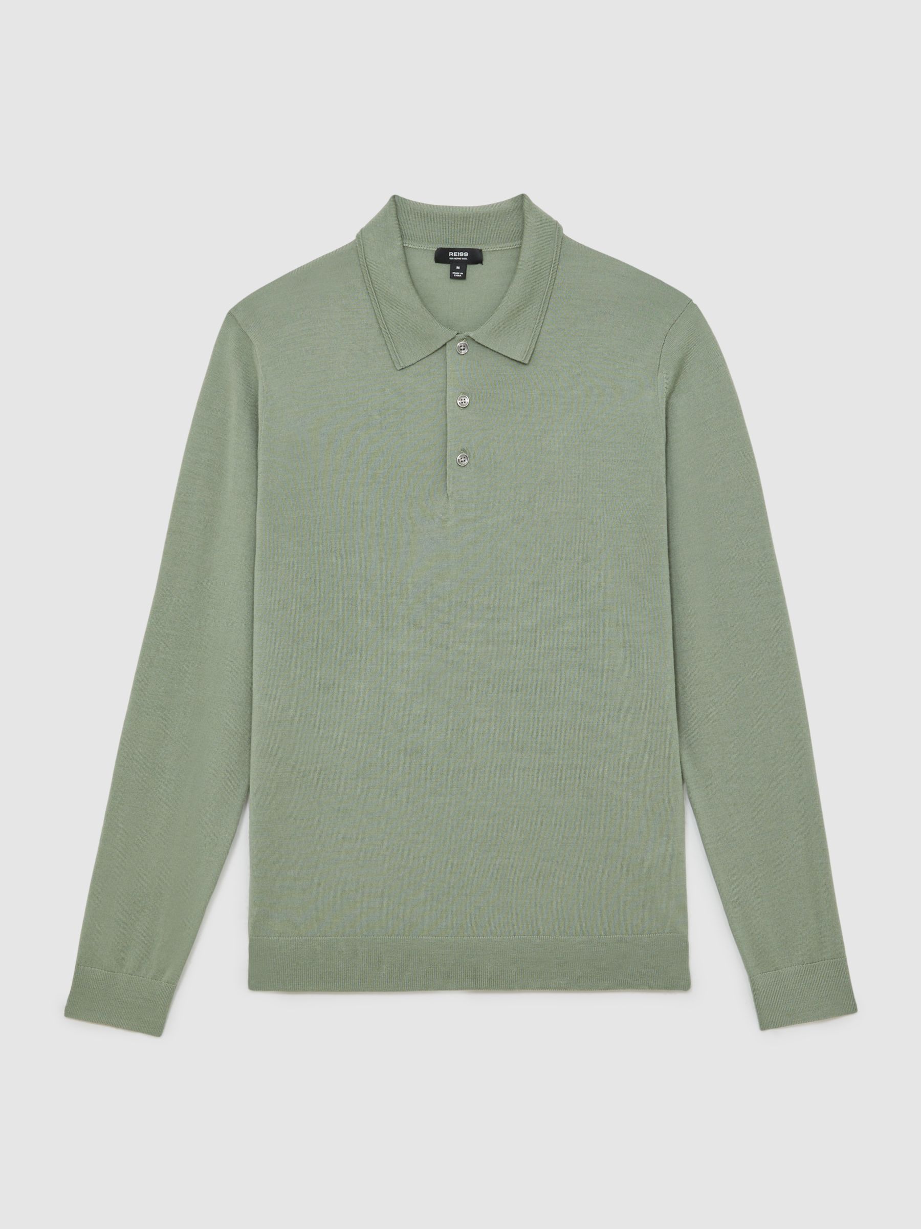 Merino Wool Long-Sleeve Polo Shirt in Harper Green - Image 2 of 7