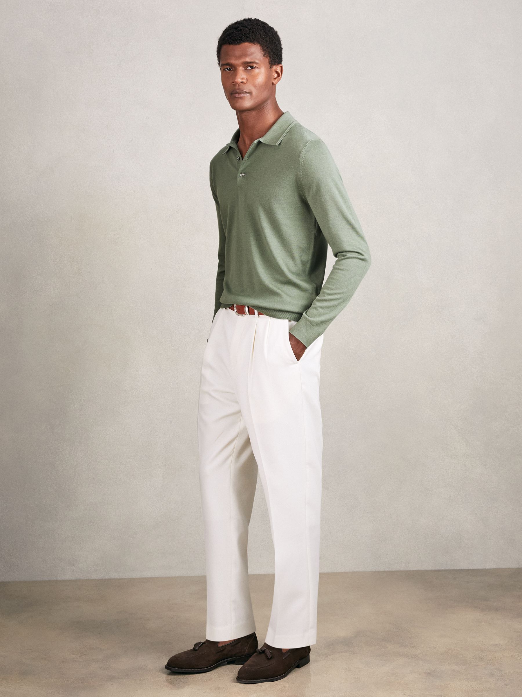 Wool Long-Sleeve Polo Shirt in Harper Green - image 4