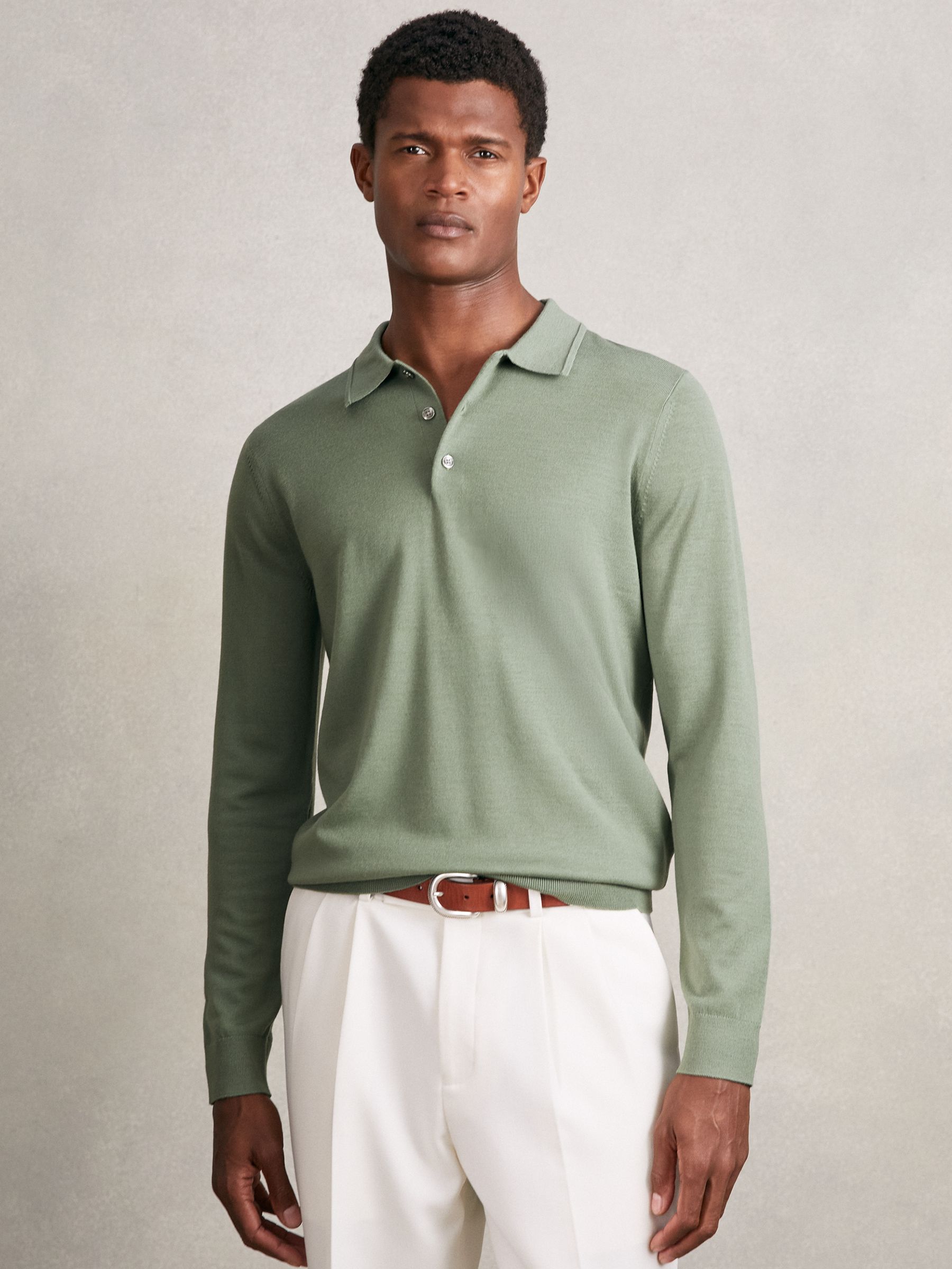 Merino Wool Long-Sleeve Polo Shirt in Harper Green - Image 4 of 7