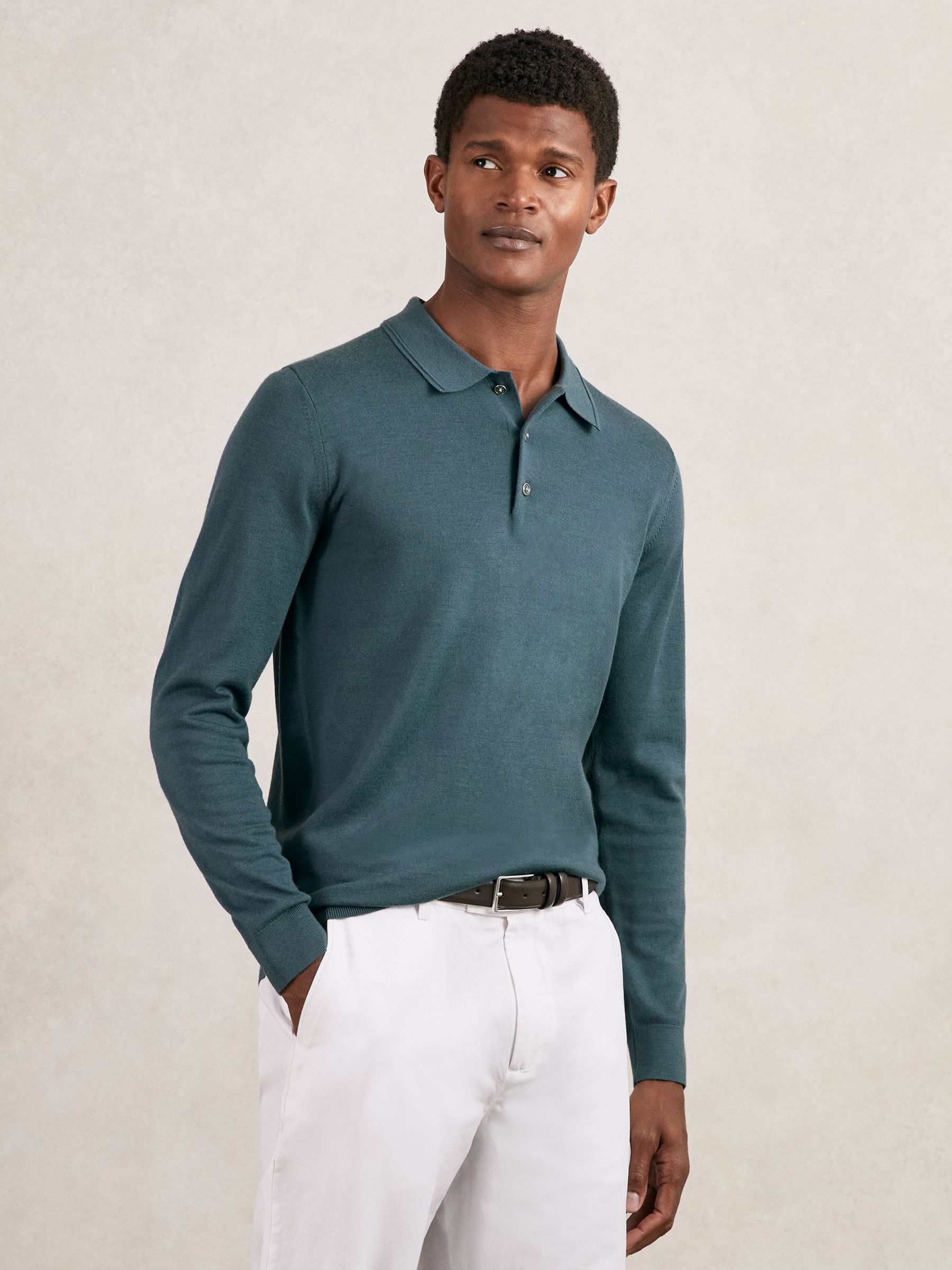 Merino Wool Long-Sleeve Polo Shirt in Orion Blue - Image 1 of 5