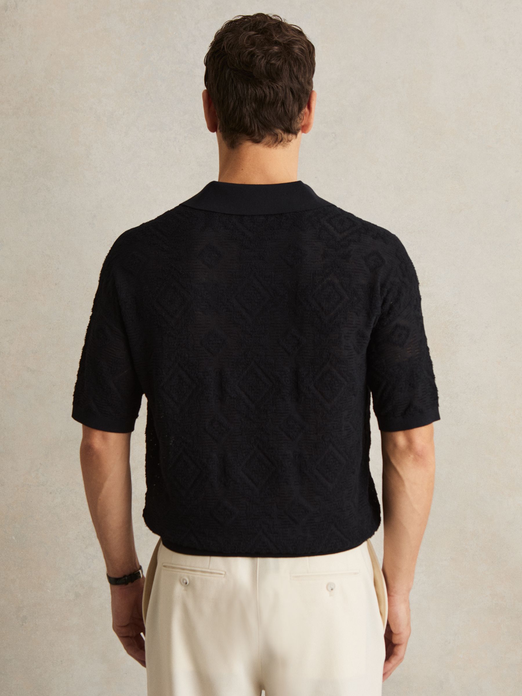 Jacquard Loop-Stitch Polo Shirt in Navy - Image 4 of 6