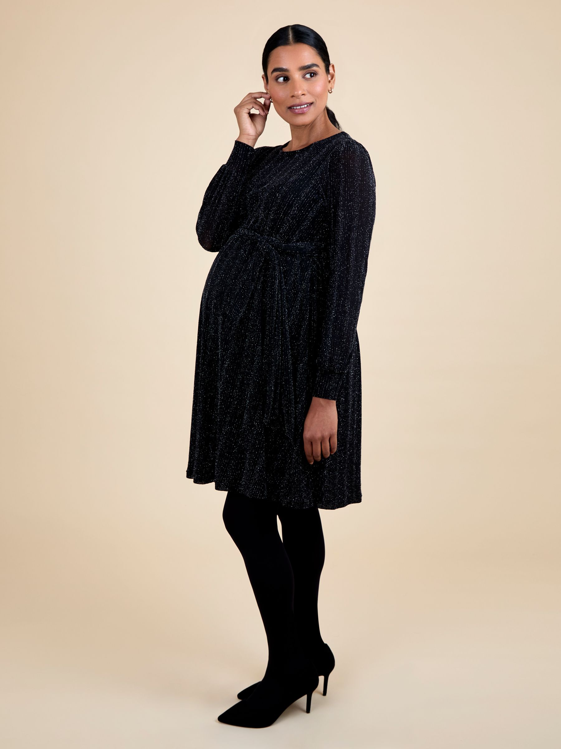 Black Sparkle Maternity Mini Dress With Tie - Image 2 of 5