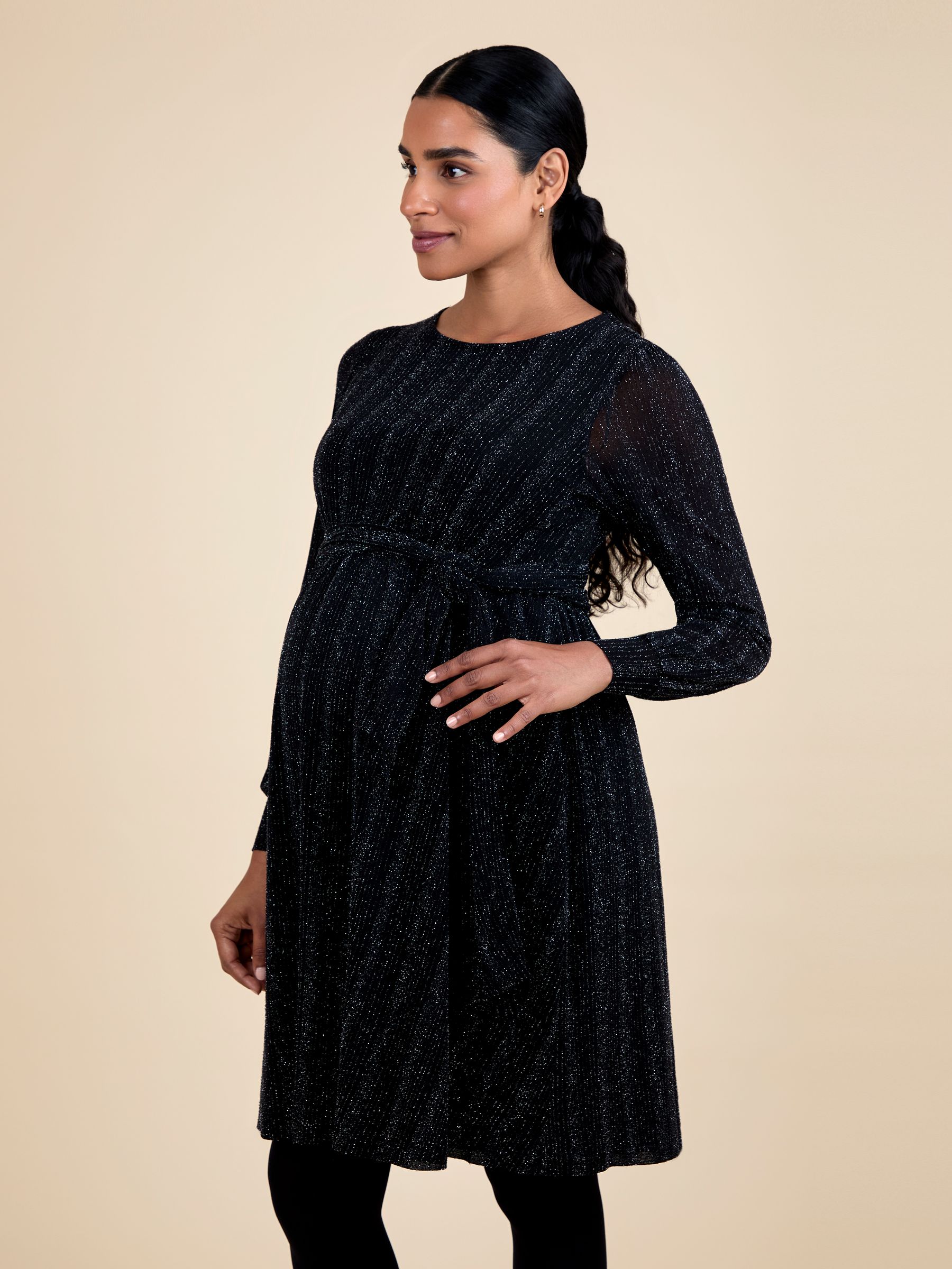 Black Sparkle Maternity Mini Dress With Tie - Image 4 of 5