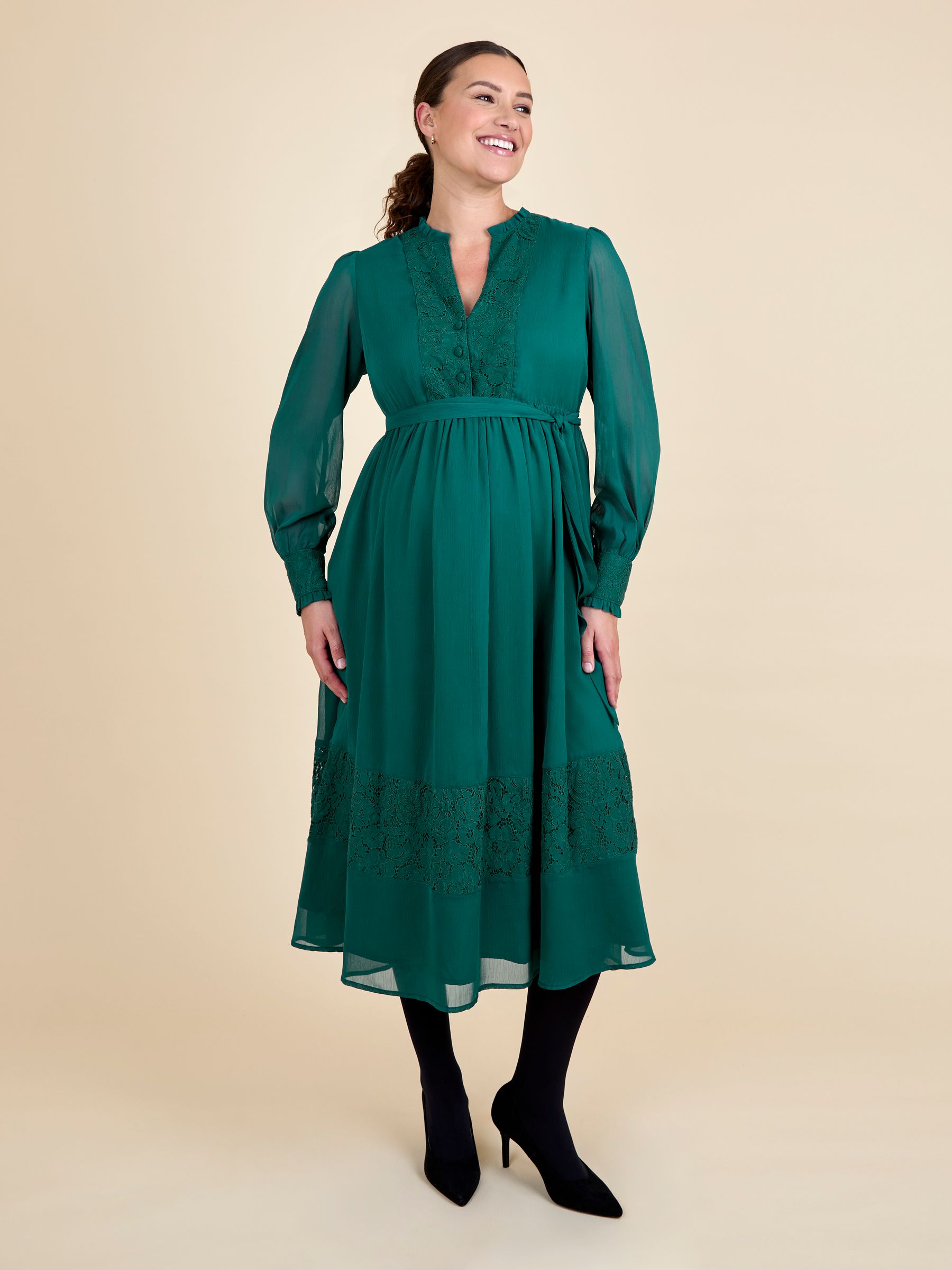 Green Pleated Lace Hem Maternity Midi Dress - Image 1 of 6
