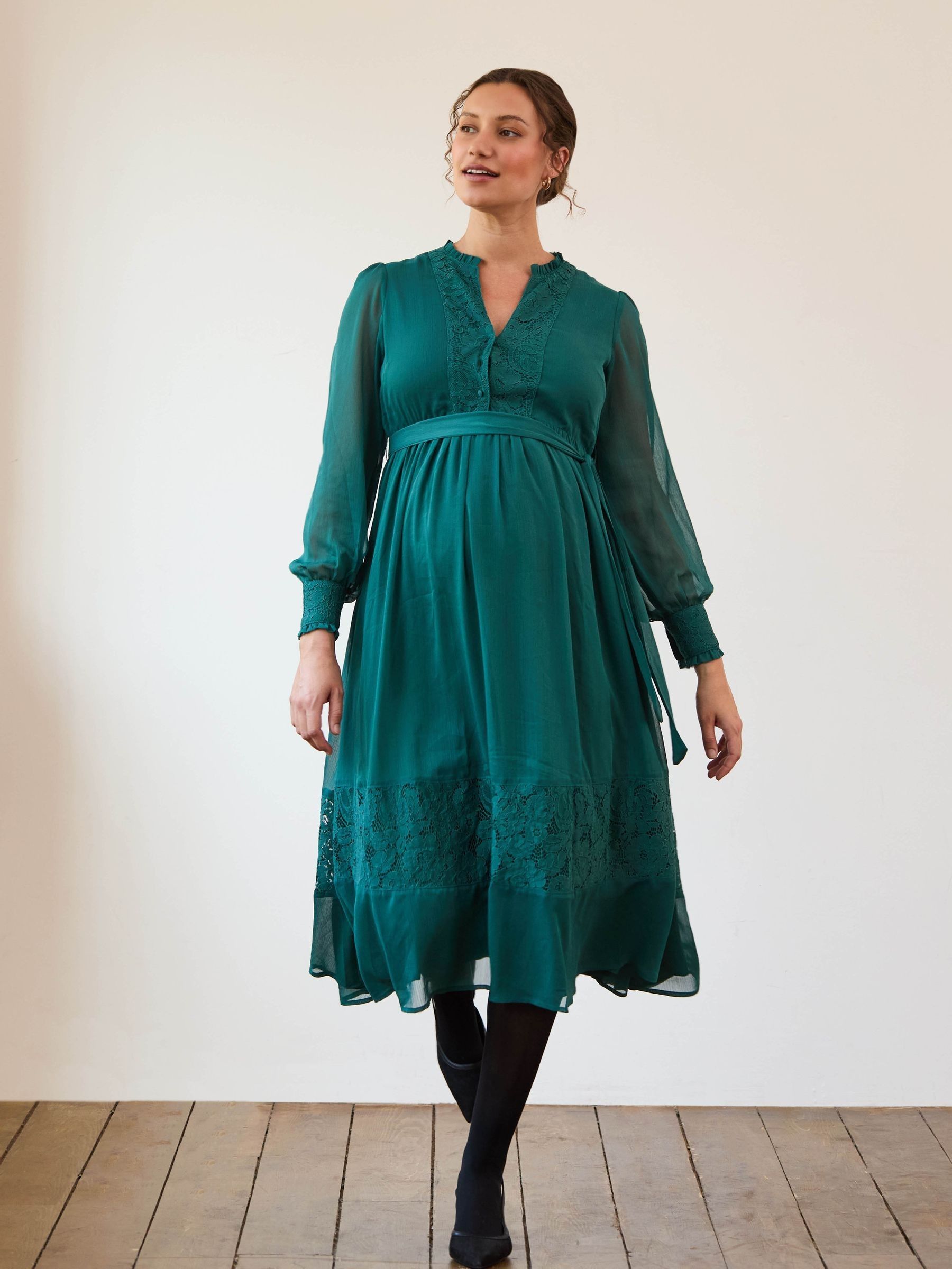 Green Pleated Lace Hem Maternity Midi Dress - Size US 4