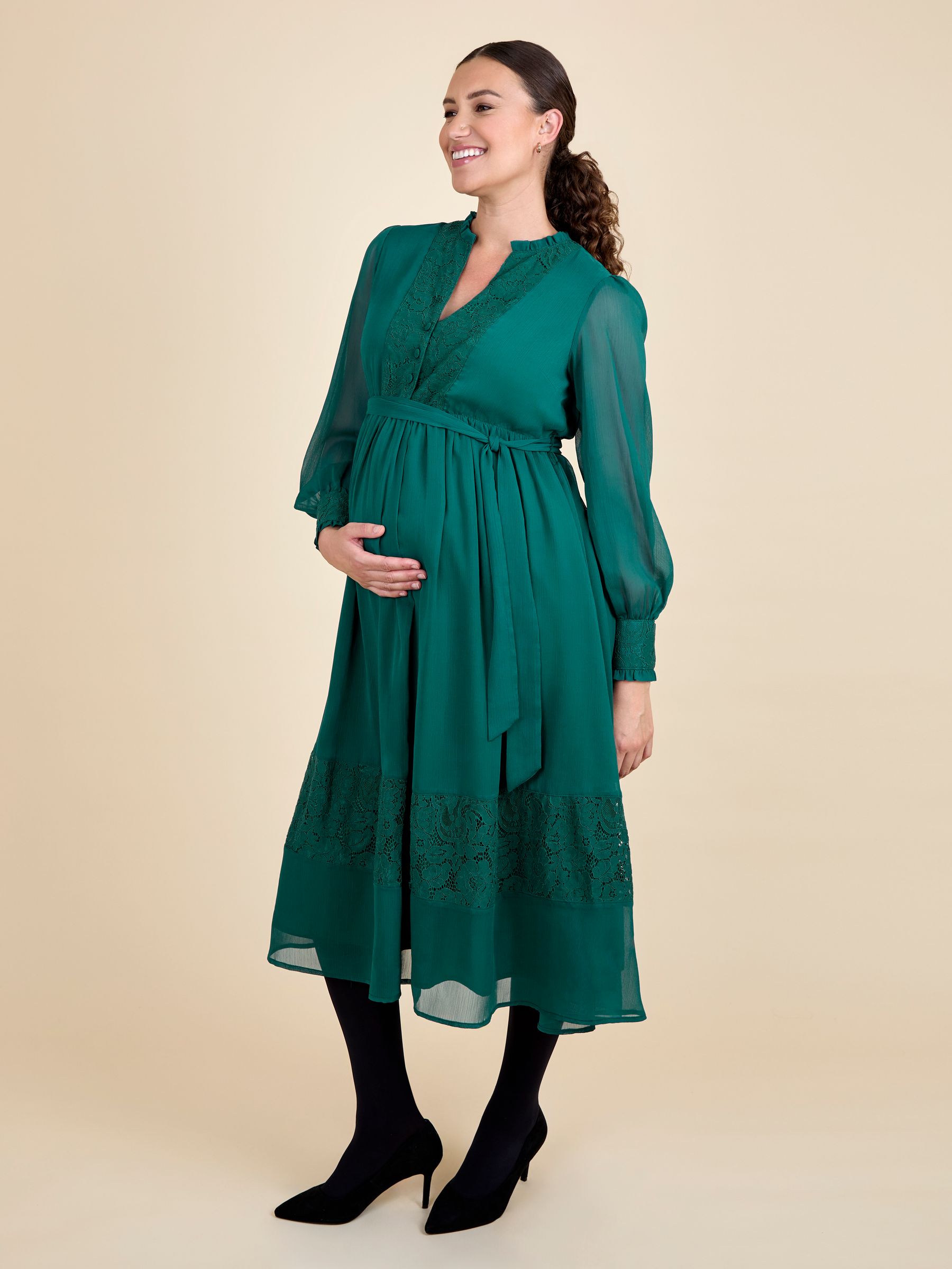 Green Pleated Lace Hem Maternity Midi Dress - Image 2 of 6