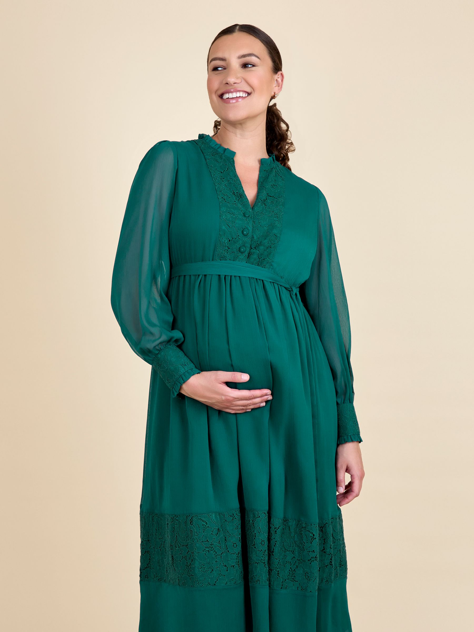 Green Pleated Lace Hem Maternity Midi Dress - Image 4 of 6