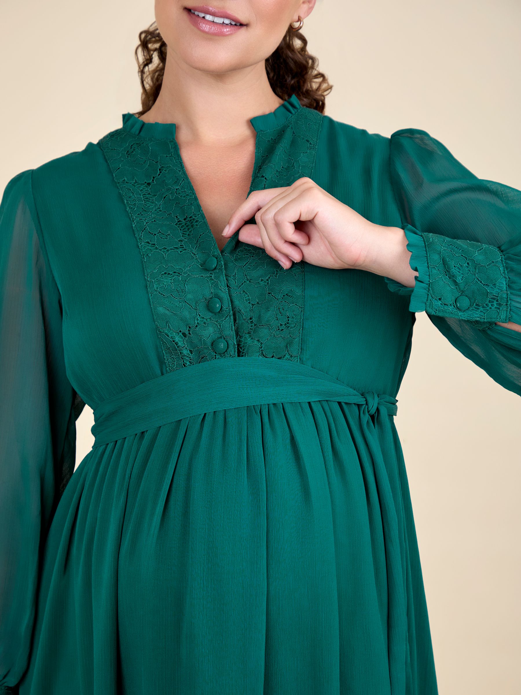 Green Pleated Lace Hem Maternity Midi Dress - Image 5 of 6