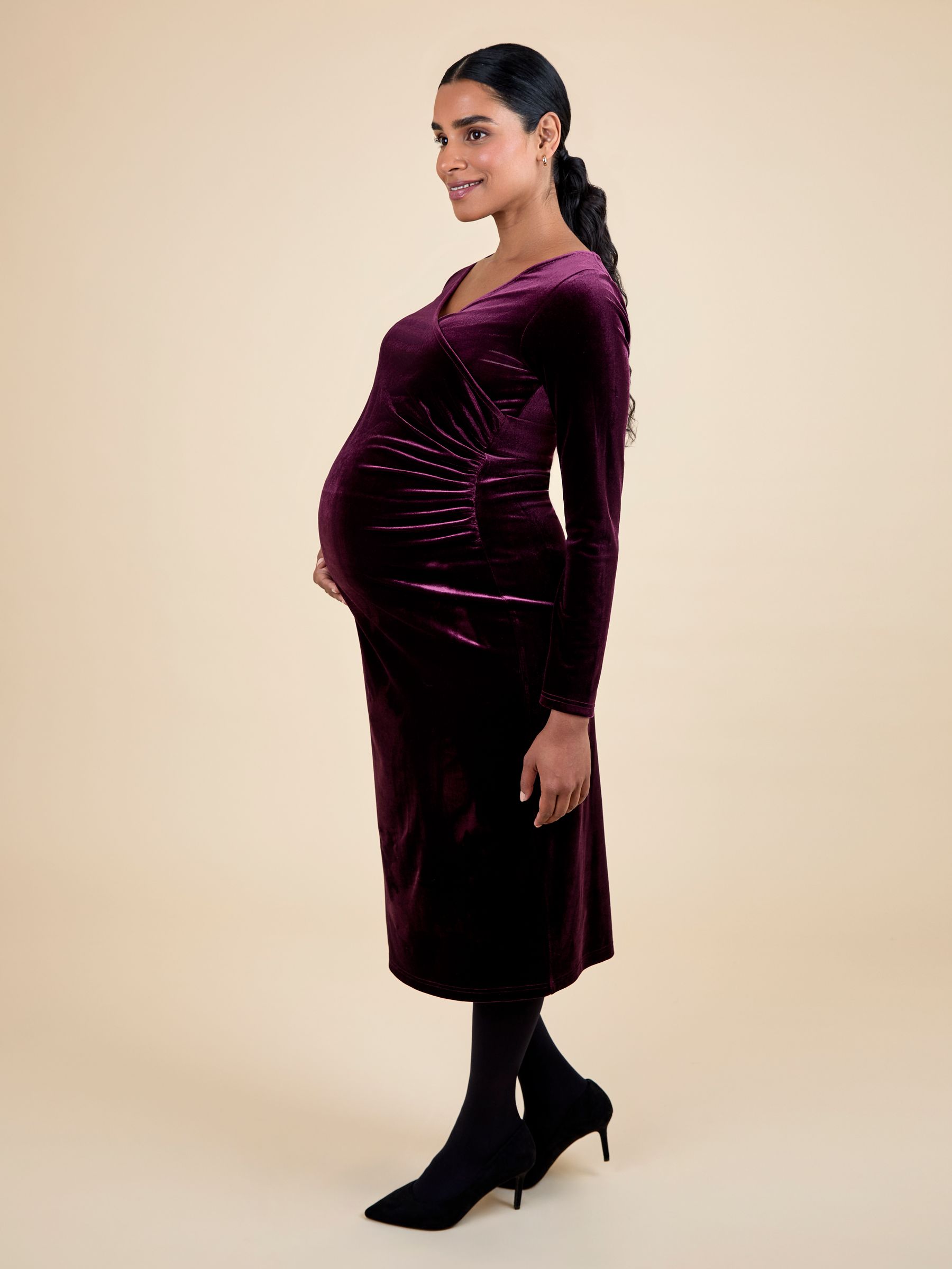 Wine Velvet Maternity Wrap Bodycon Midi Dress - Image 2 of 5