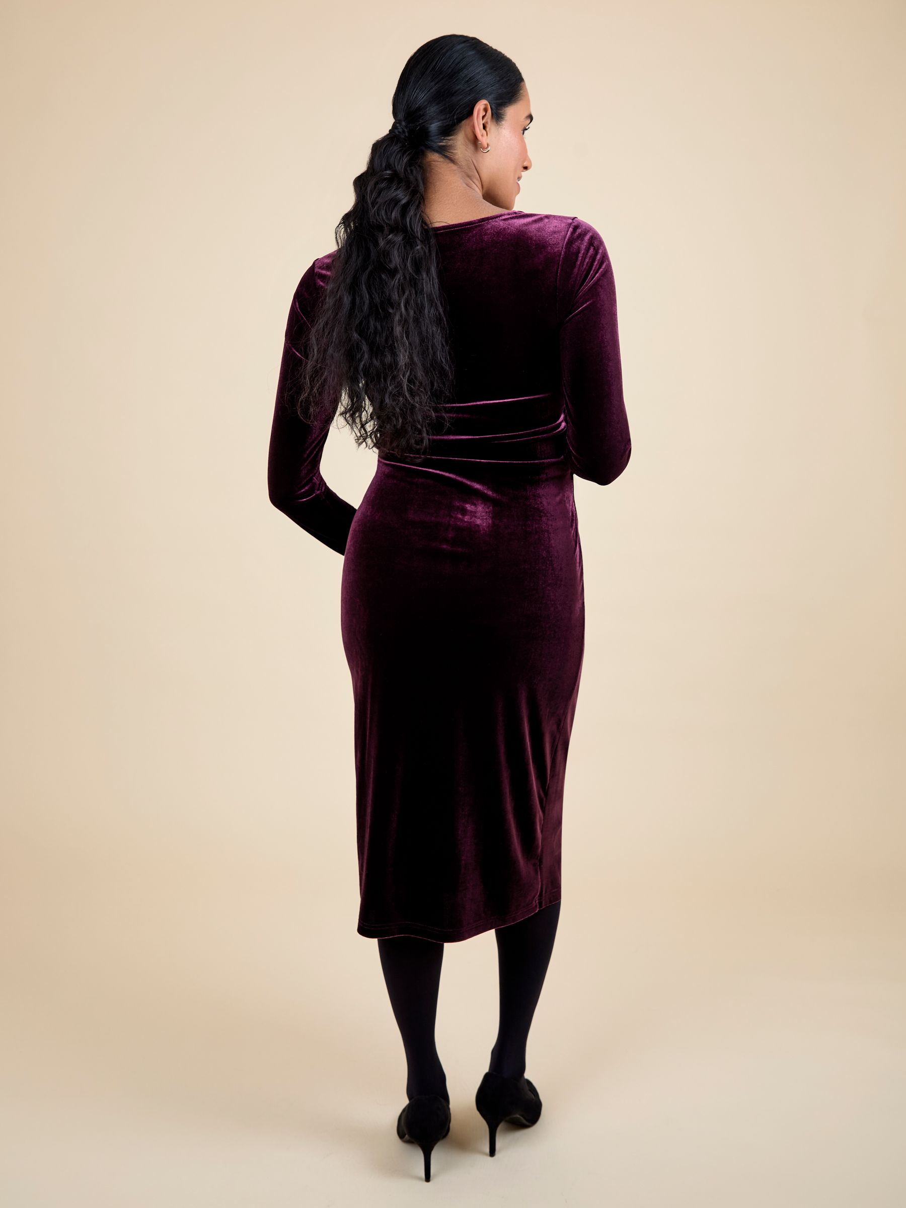 Wine Velvet Maternity Wrap Bodycon Midi Dress - Image 3 of 5