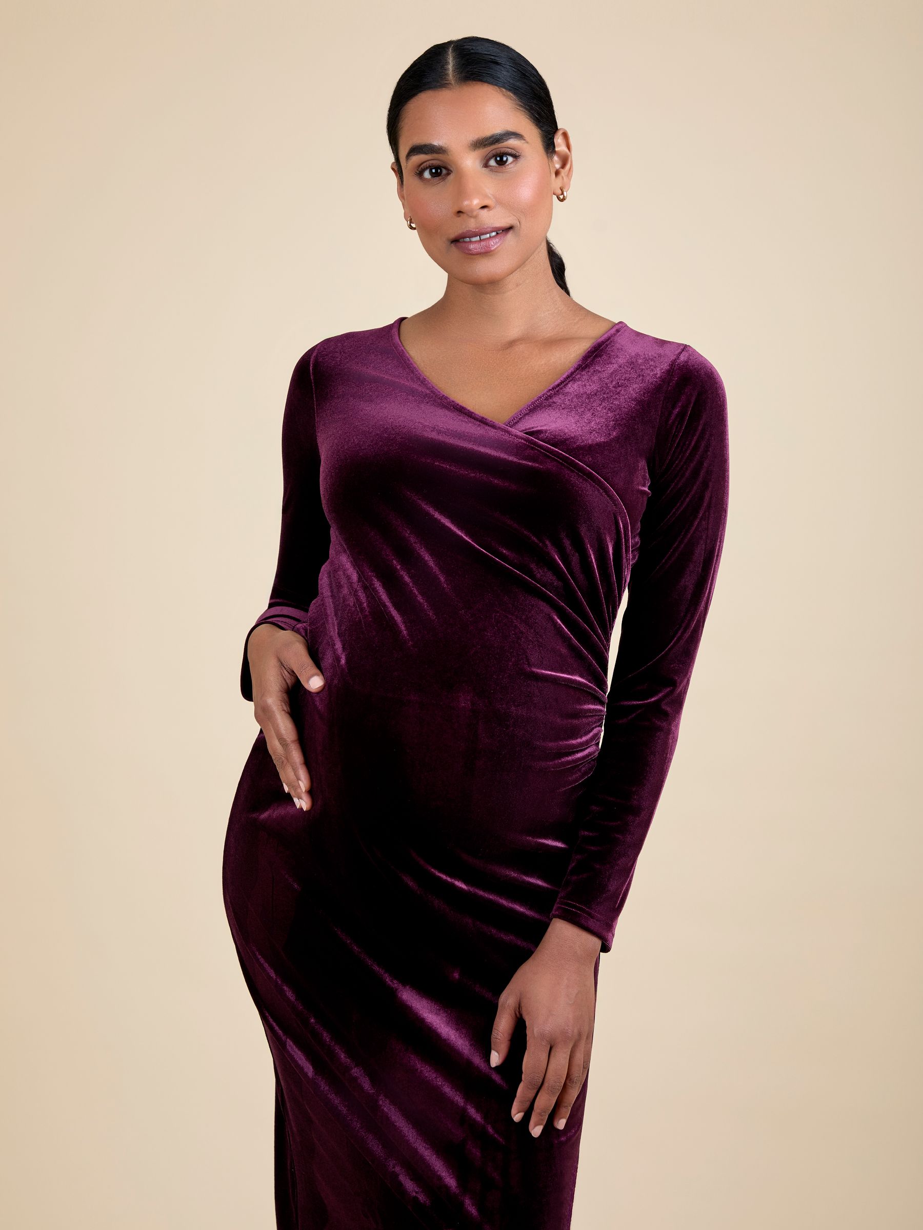 Wine Velvet Maternity Wrap Bodycon Midi Dress - Image 4 of 5