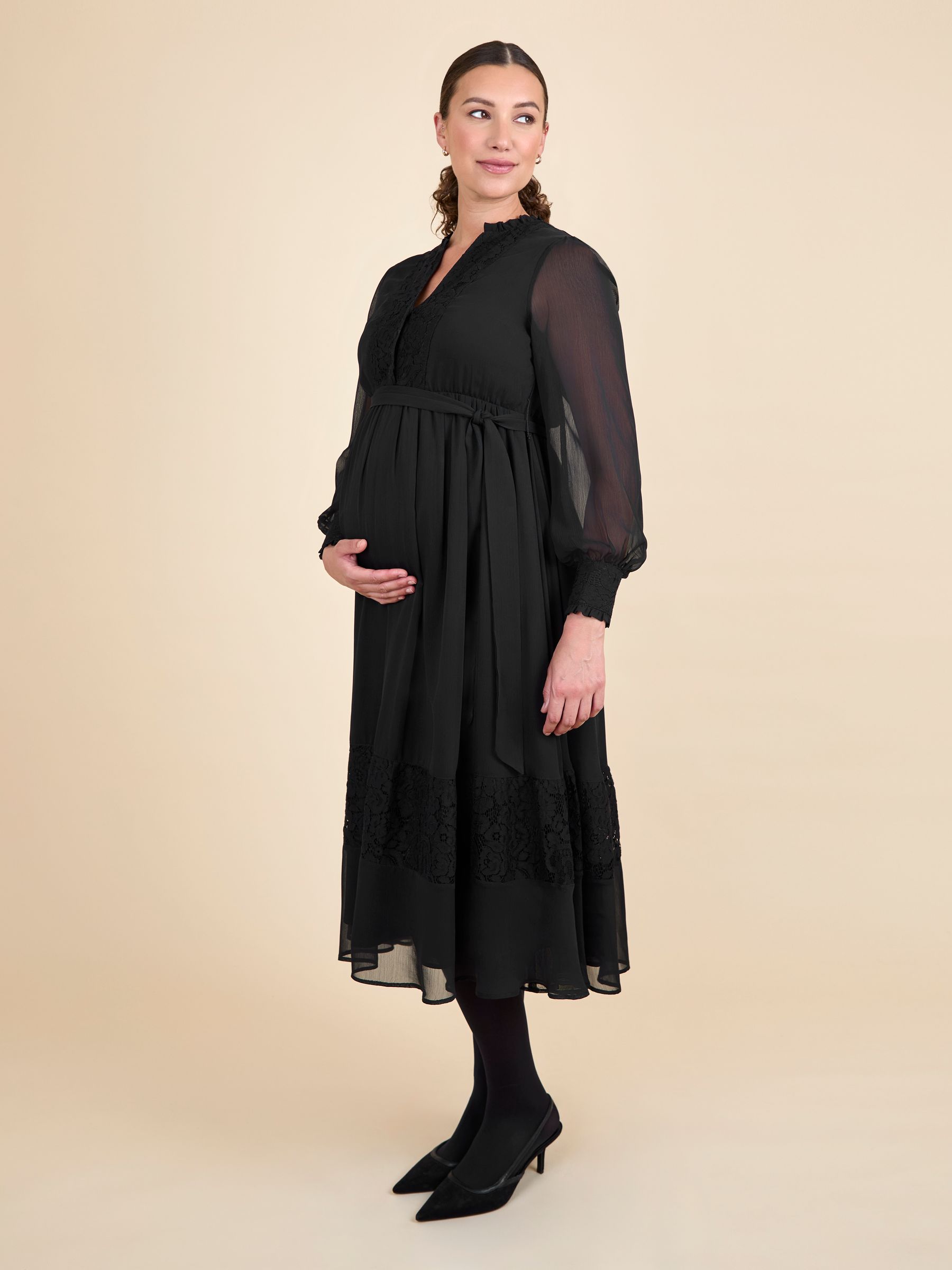 Black Pleated Lace Hem Maternity Midi Dress - Image 2 of 6