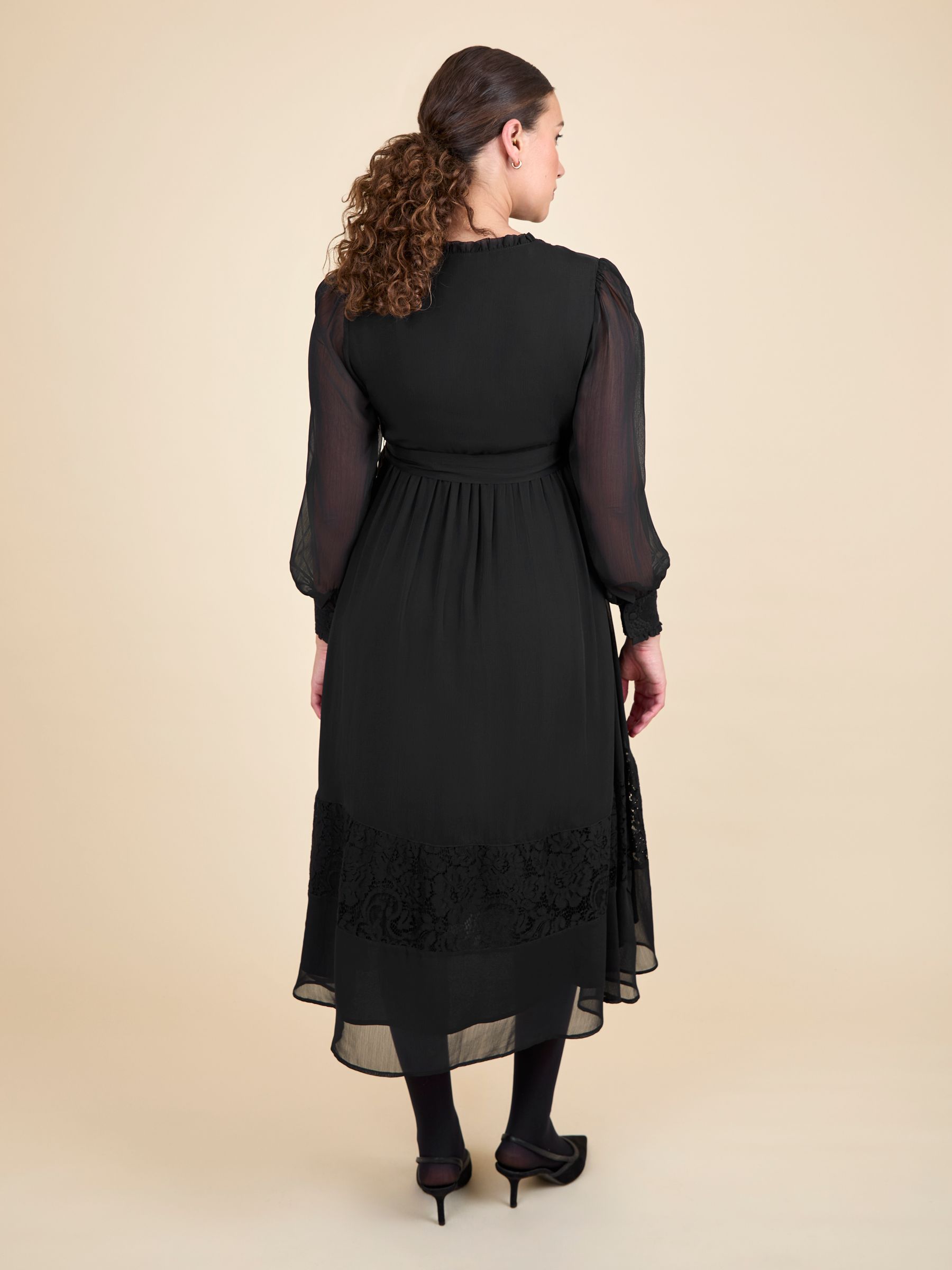 Black Pleated Lace Hem Maternity Midi Dress - Image 3 of 6