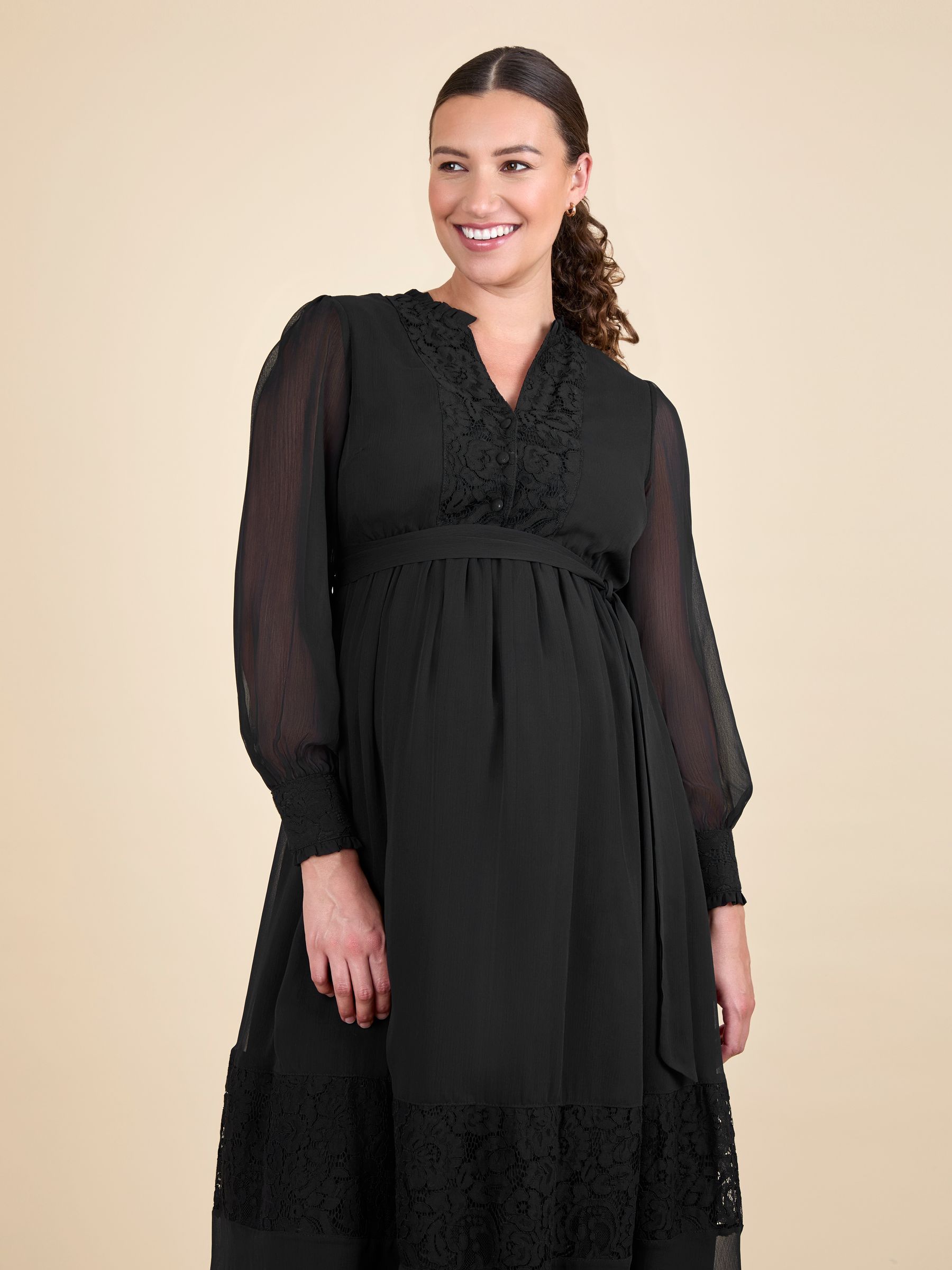 Black Pleated Lace Hem Maternity Midi Dress - Image 4 of 6