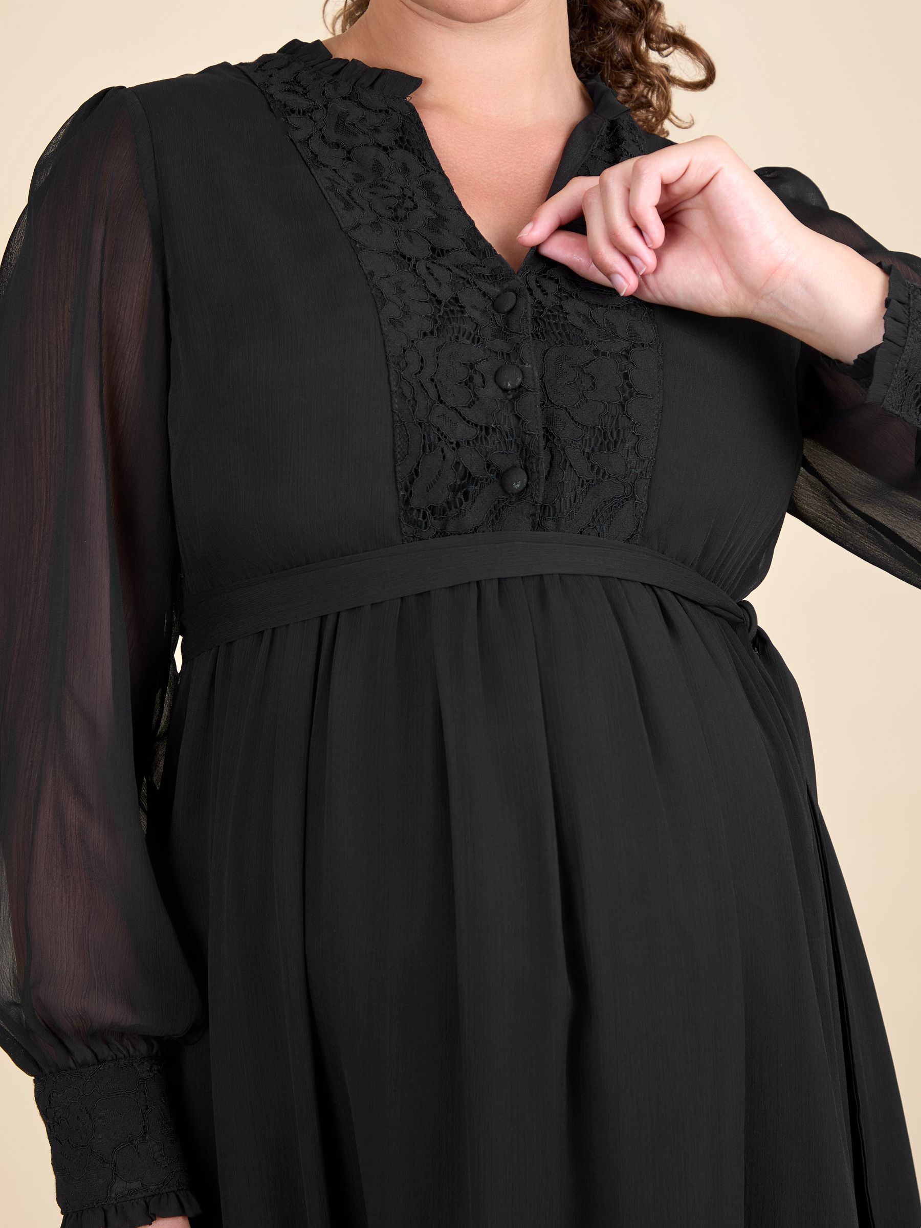 Black Pleated Lace Hem Maternity Midi Dress - Image 5 of 6