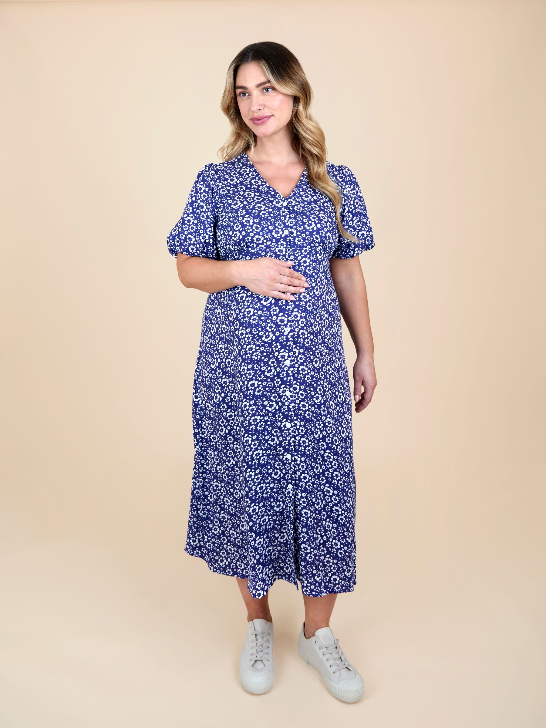 Blue Puff Sleeve Button Through Tie Waist Tea Dress - Image 1 of 5 Blue Puff Sleeve Button Through Tie Waist Tea Dress - Image 1 of 5