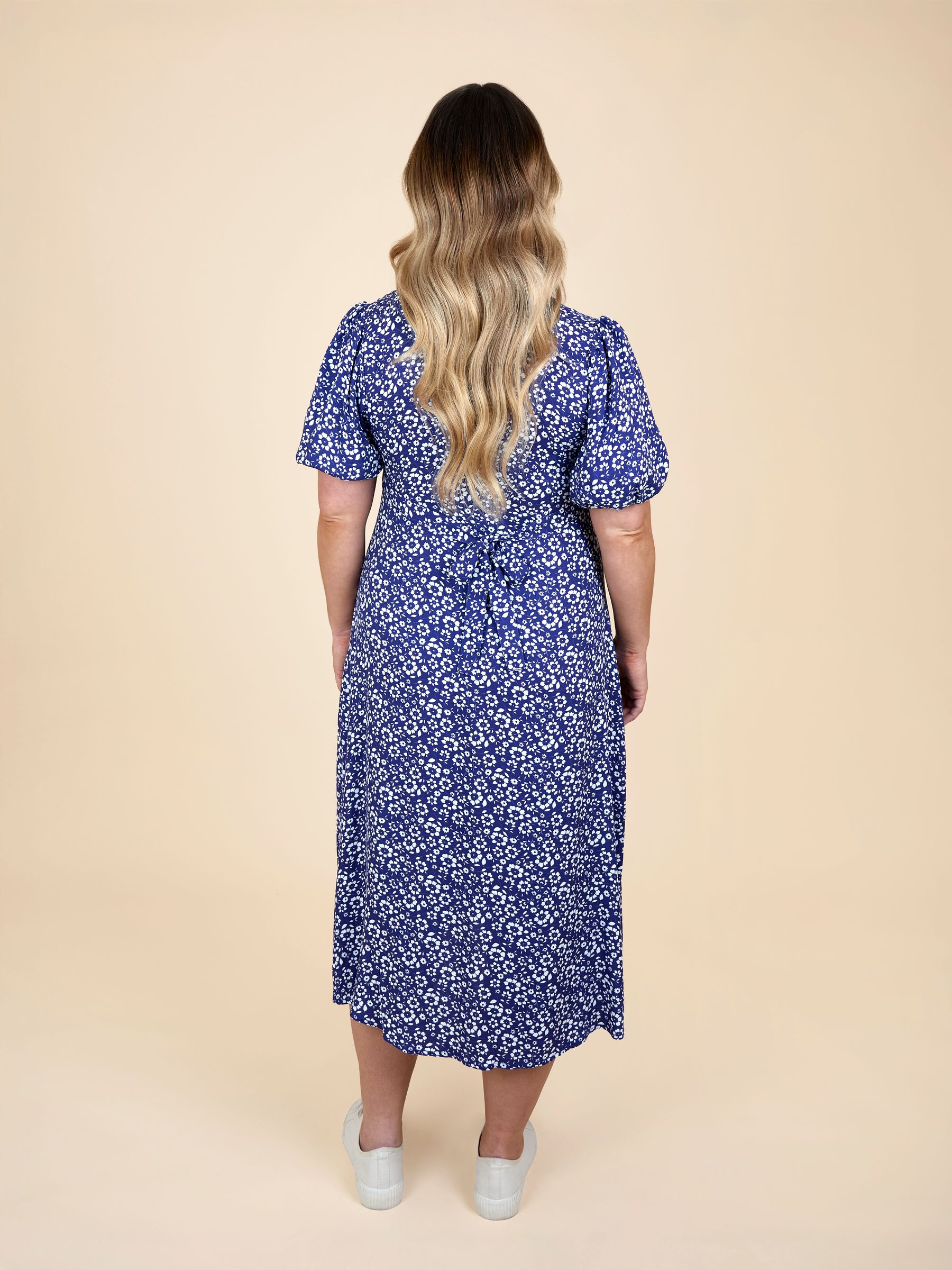 Blue Puff Sleeve Button Through Tie Waist Tea Dress - Image 2 of 5