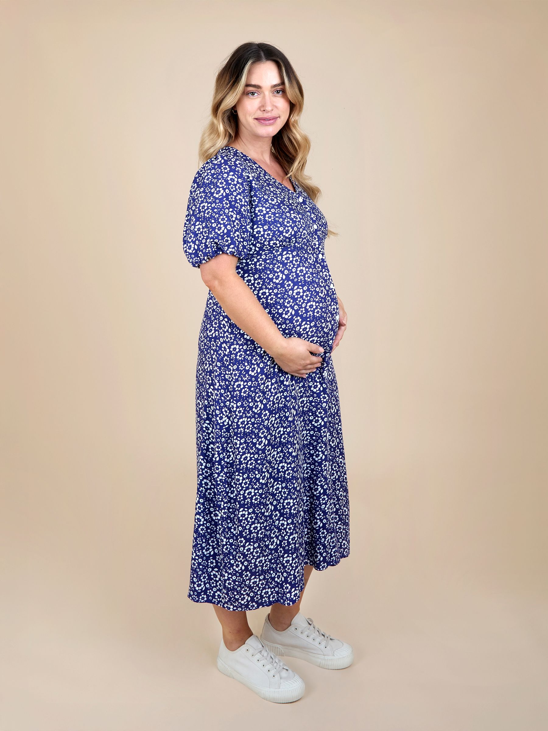 Blue Puff Sleeve Button Through Tie Waist Tea Dress - Image 3 of 5