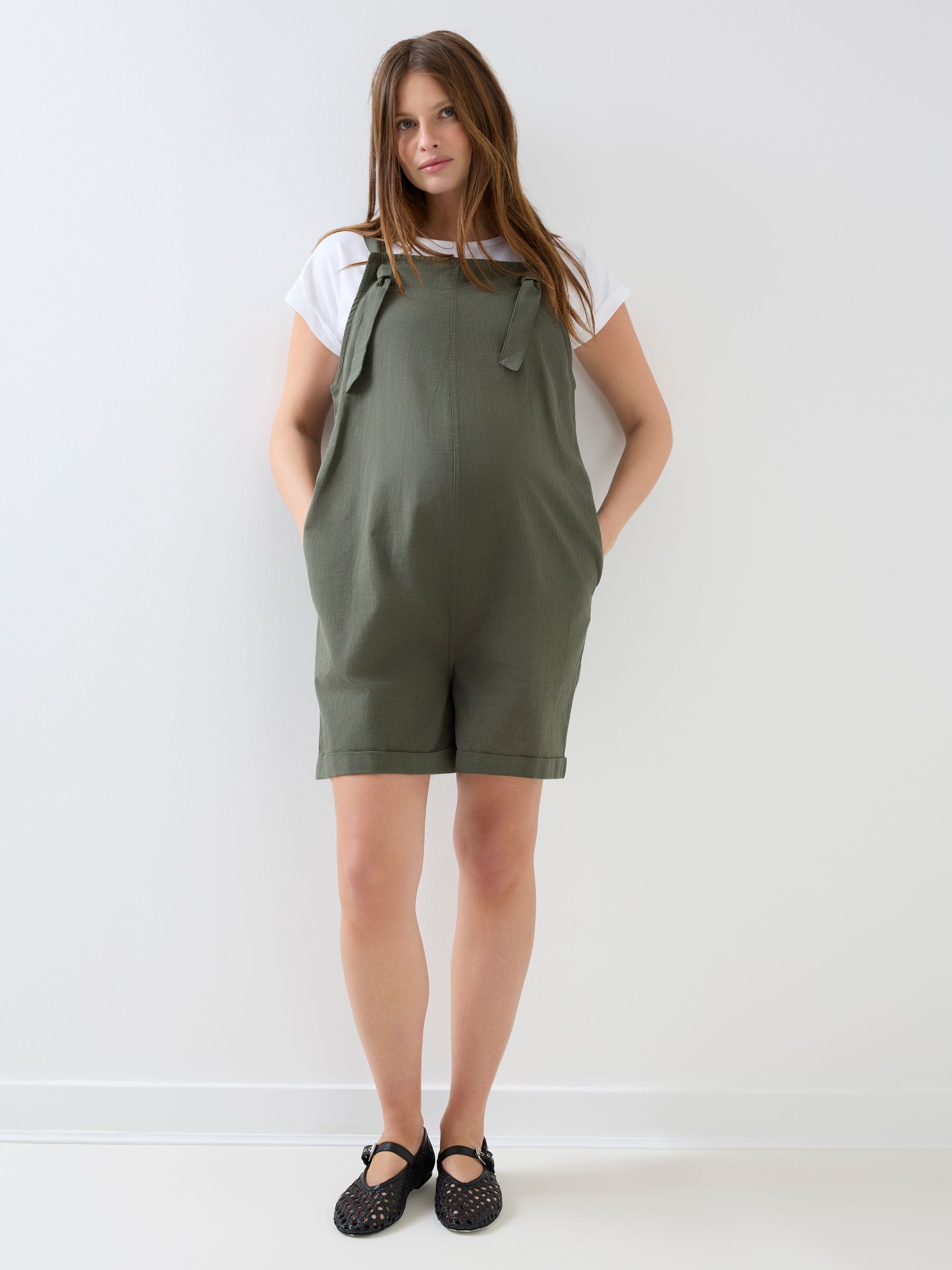 olive green dungaree dress Khaki Linen Blend Short Maternity $25 - $50