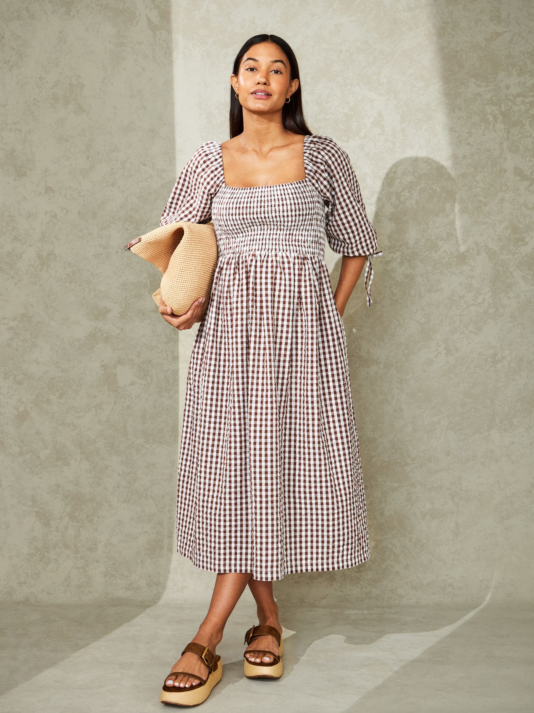 gingham puff sleeve midi dress Brown Puff Sleeve Shirred Gingham Midi Dress