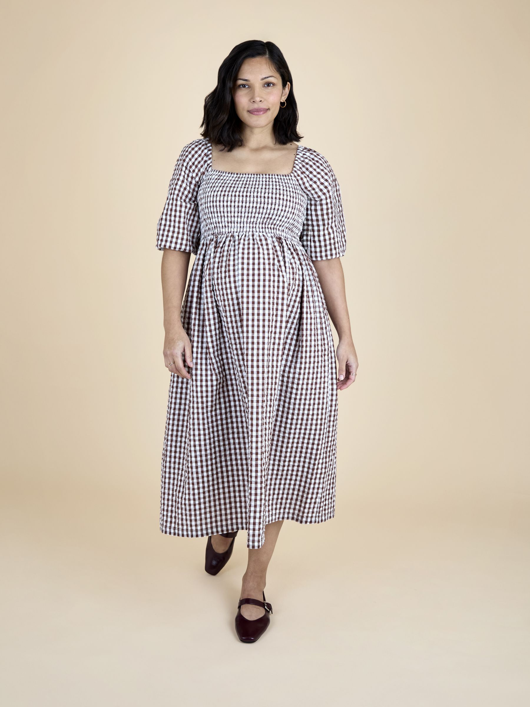 Brown Puff Sleeve Shirred Gingham Midi Dress - Image 1 of 5