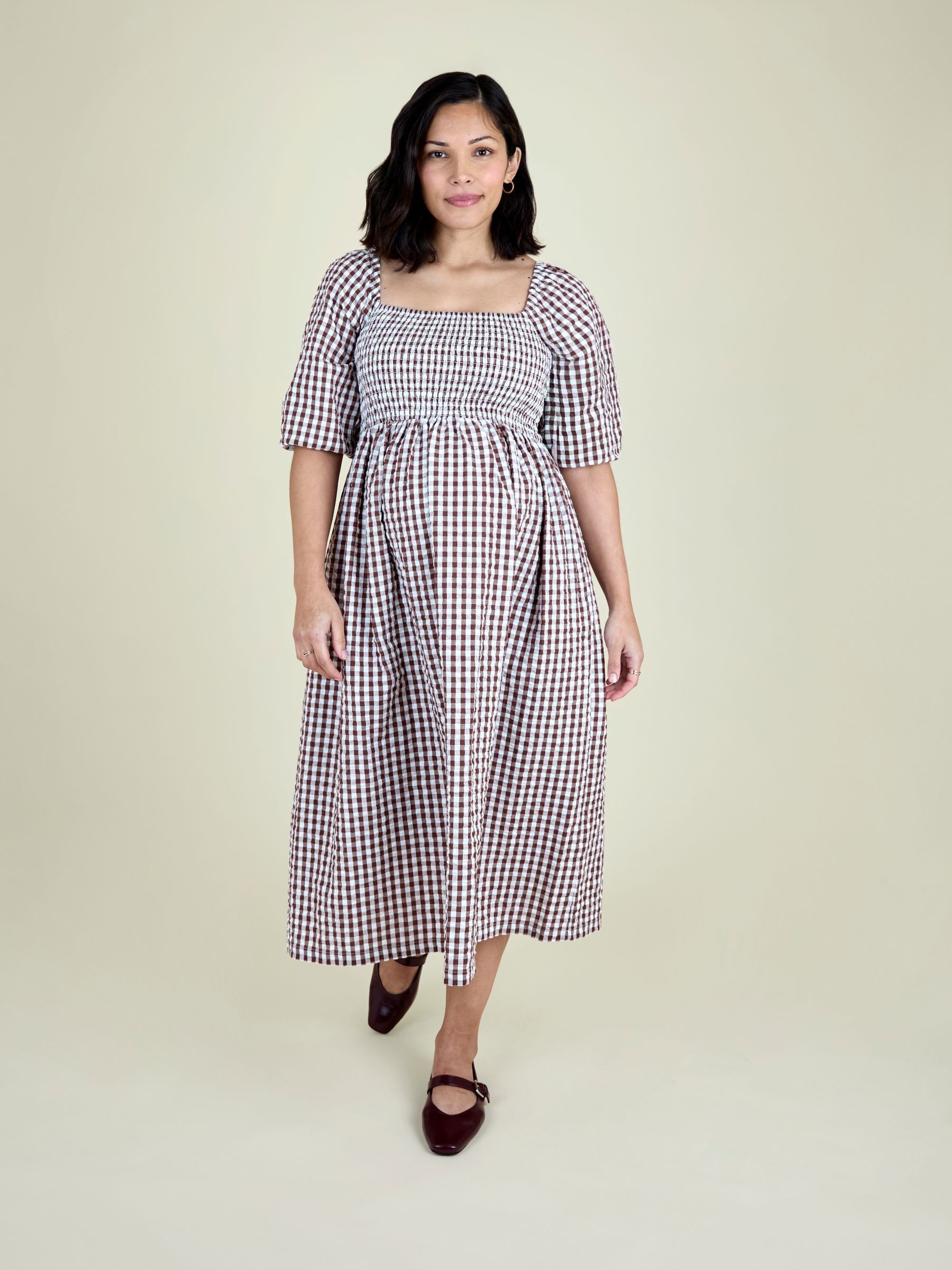Brown Puff Sleeve Shirred Gingham Midi Dress | JoJo Maman Bébé USA