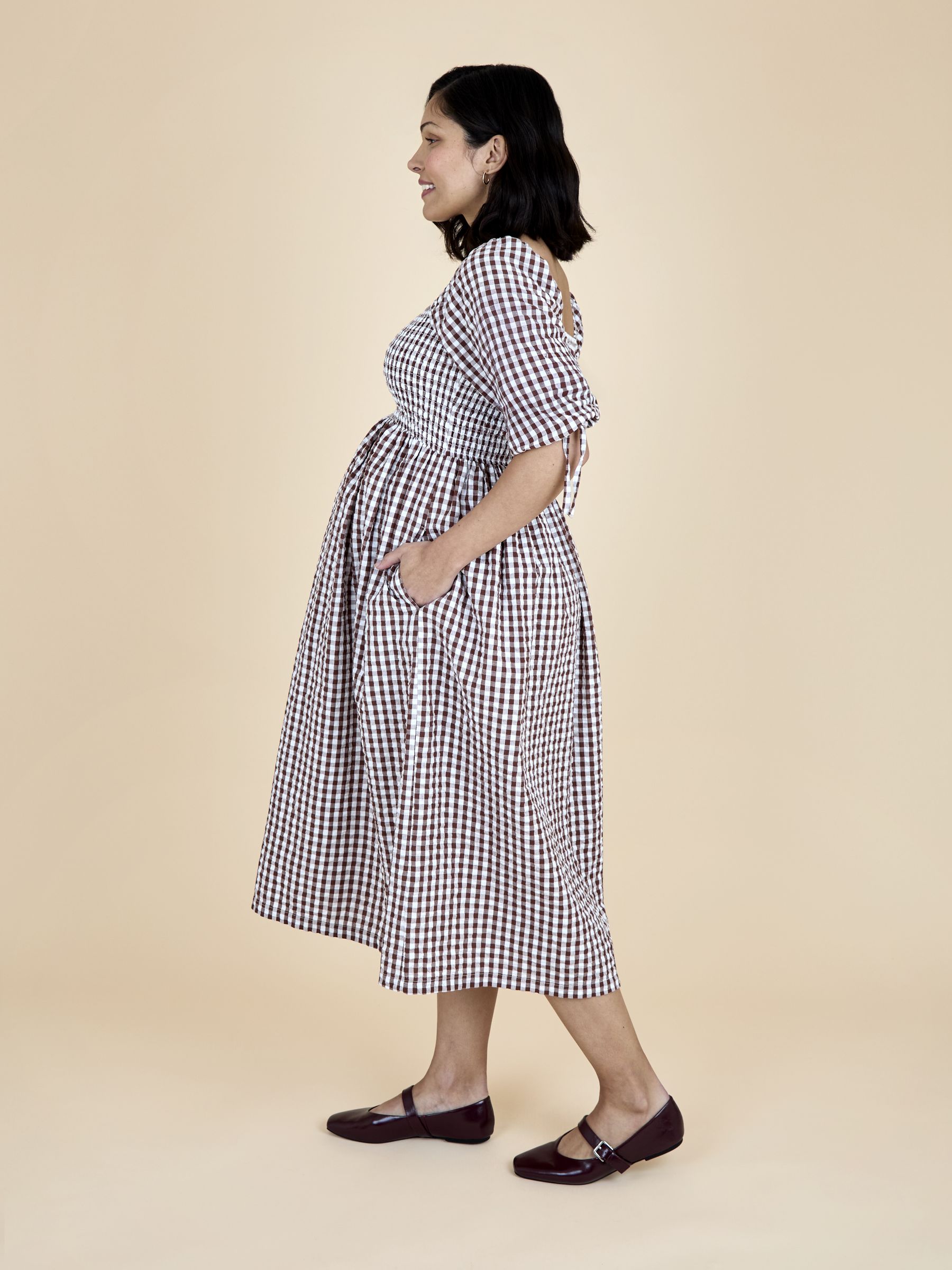 Brown Puff Sleeve Shirred Gingham Midi Dress - Image 2 of 5 Brown Puff Sleeve Shirred Gingham Midi Dress - Image 2 of 5