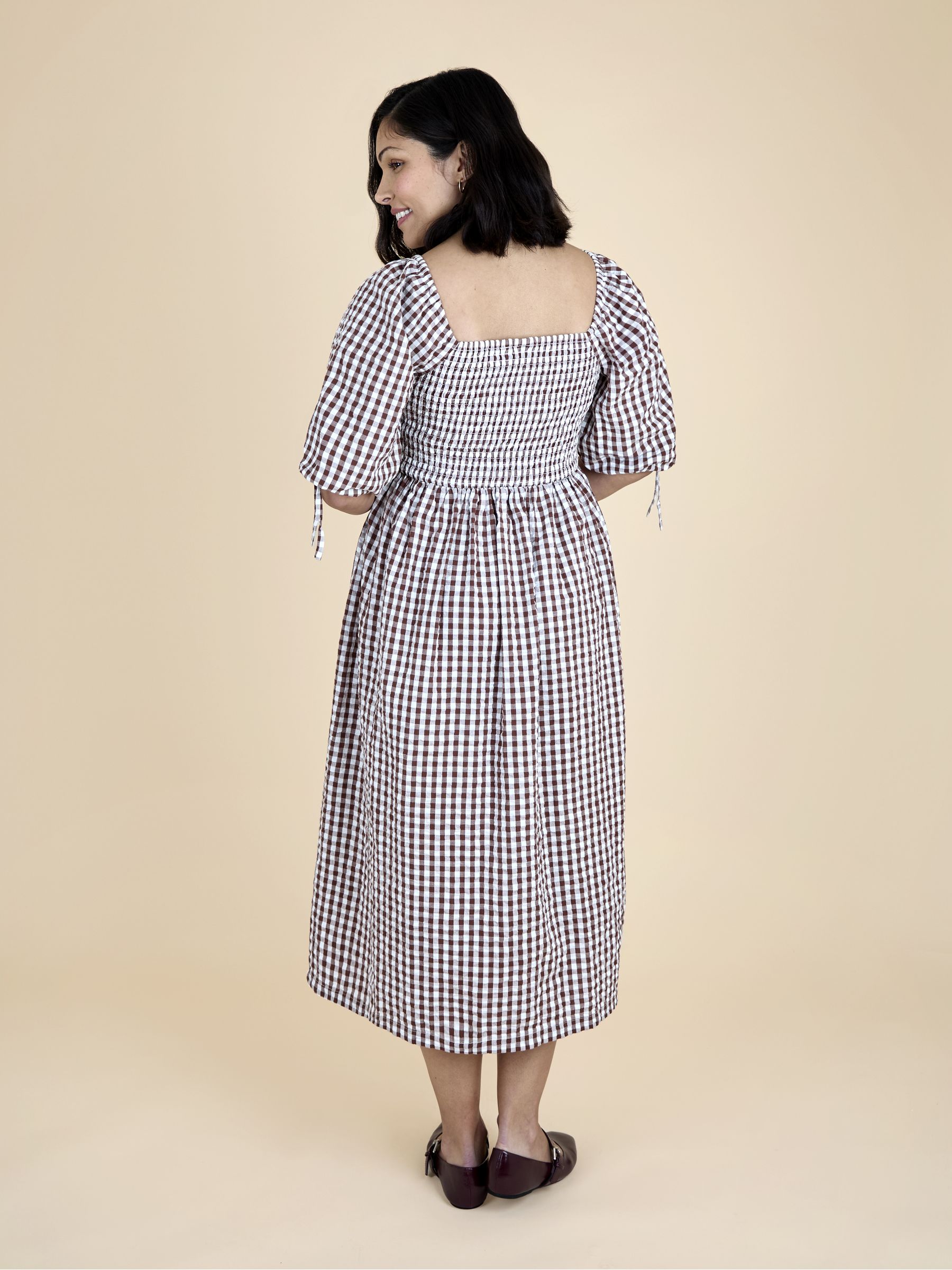 Brown Puff Sleeve Shirred Gingham Midi Dress - Image 3 of 5
