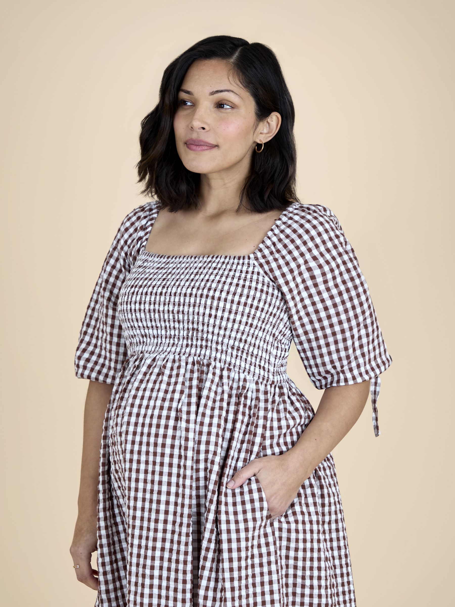 Brown Puff Sleeve Shirred Gingham Midi Dress - Image 4 of 5