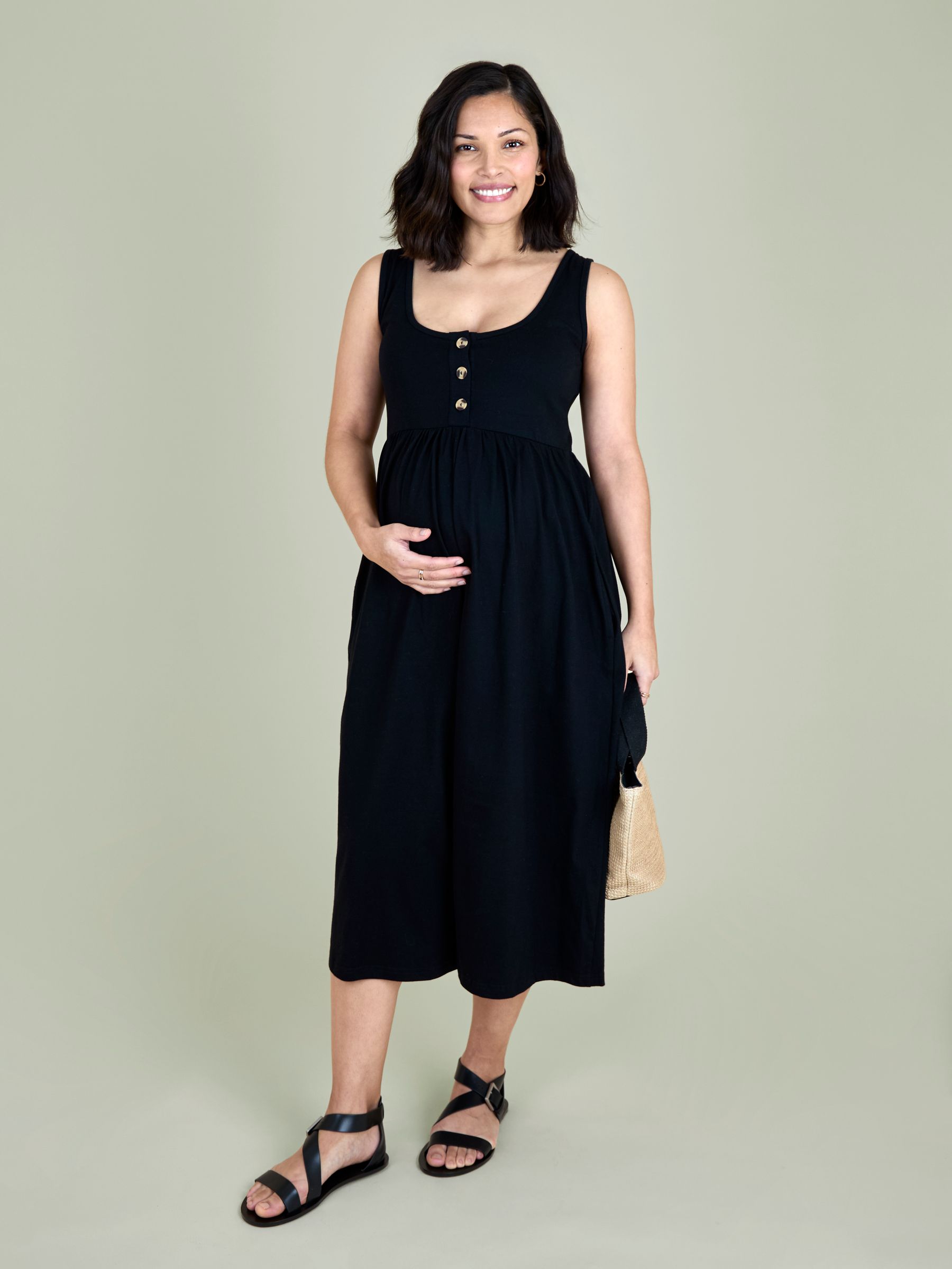 Black Horn Button Maternity Vest Midi Dress - Image 2 of 5