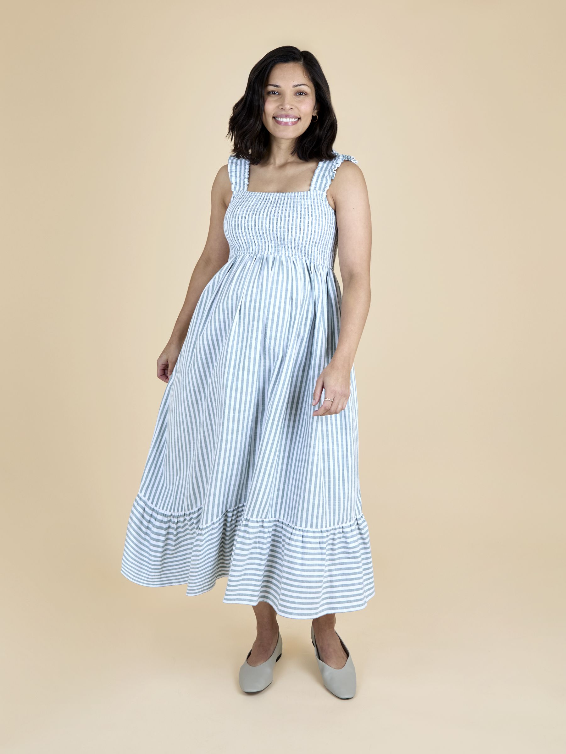 Sage Green Stripe Sleeveless Shirred Tiered Hem Midi Dress - Image 1 of 5