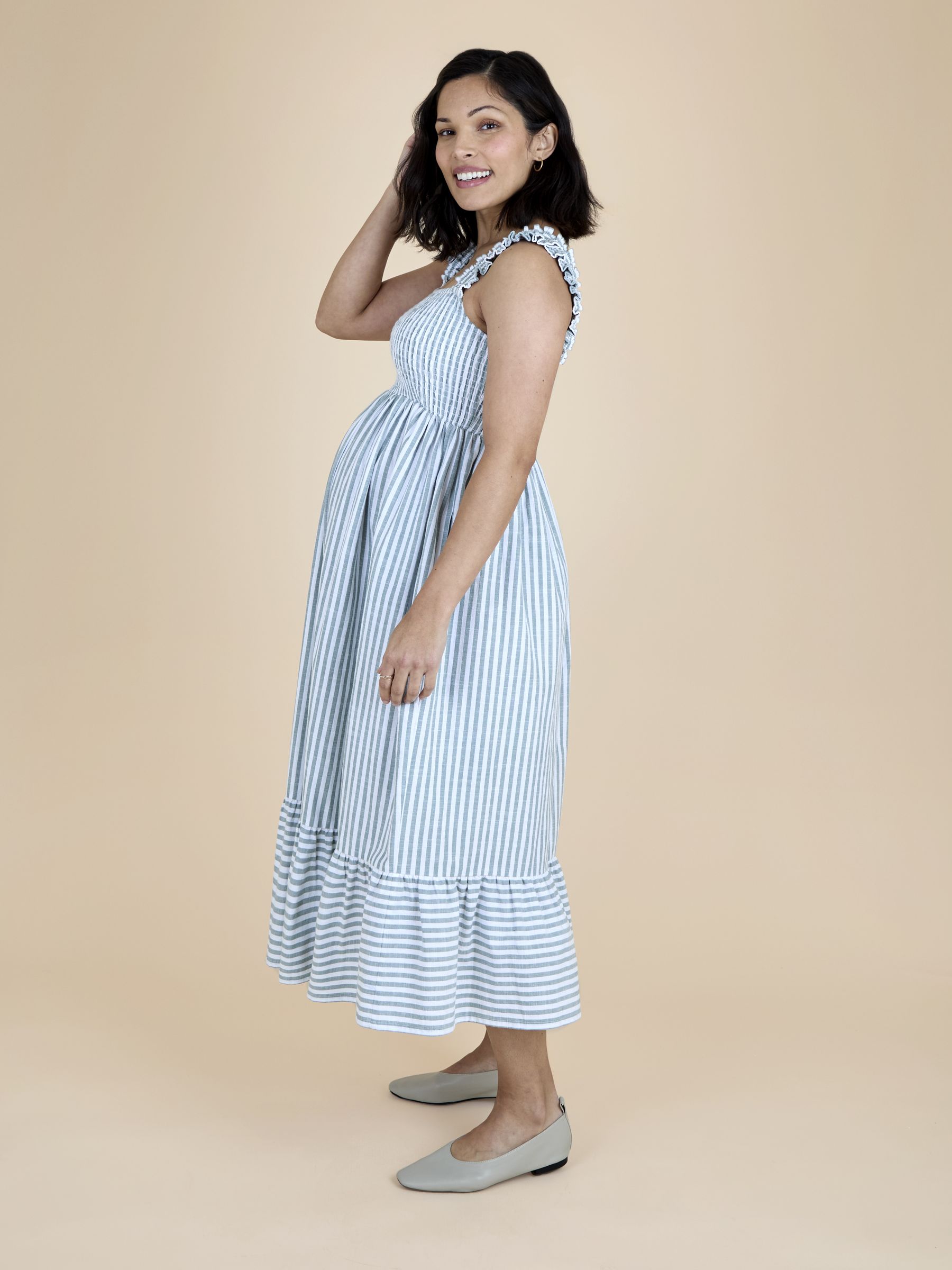 Sage Green Stripe Sleeveless Shirred Tiered Hem Midi Dress - Image 2 of 5