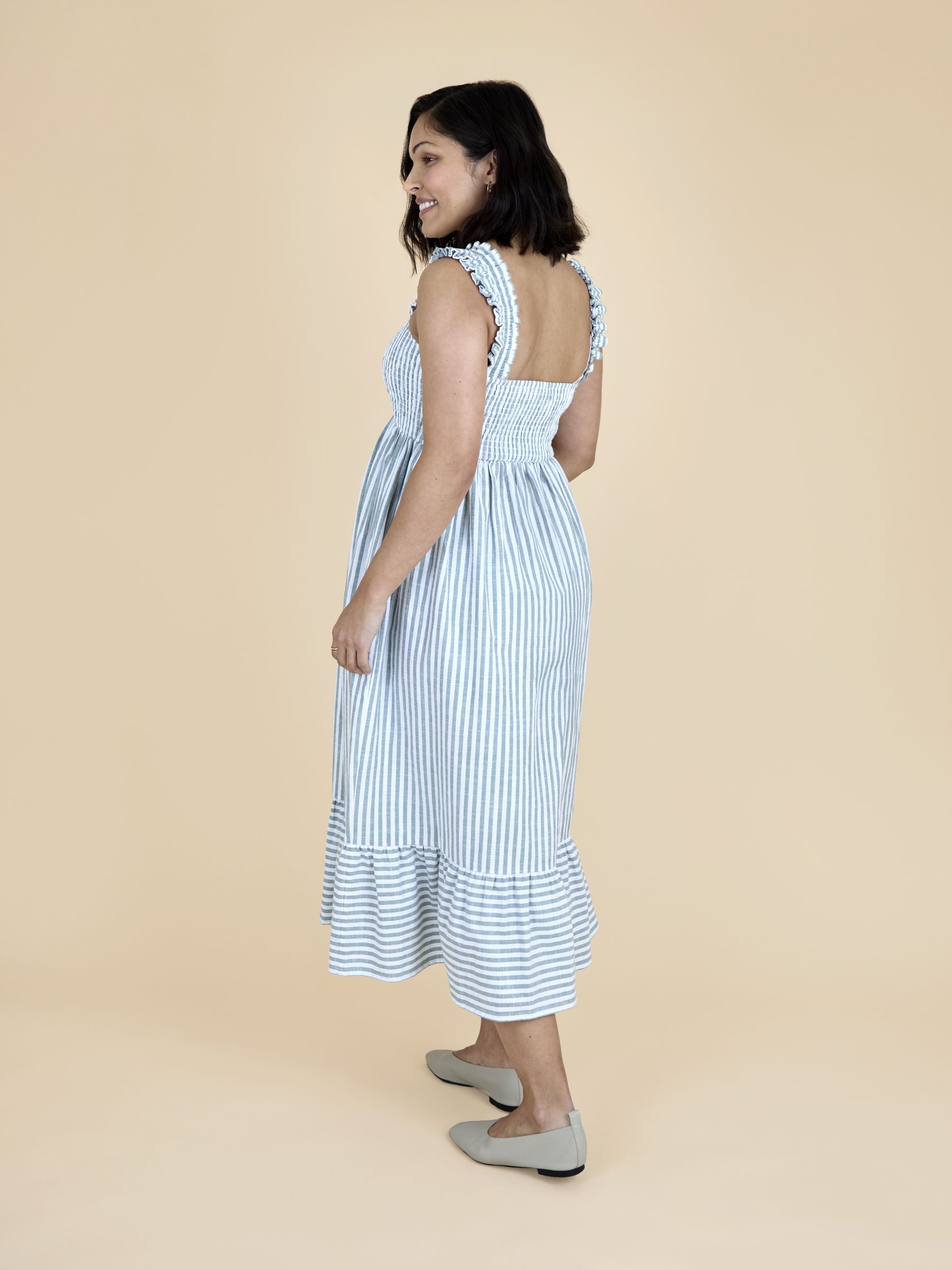 Sage Green Stripe Sleeveless Shirred Tiered Hem Midi Dress - Image 3 of 5
