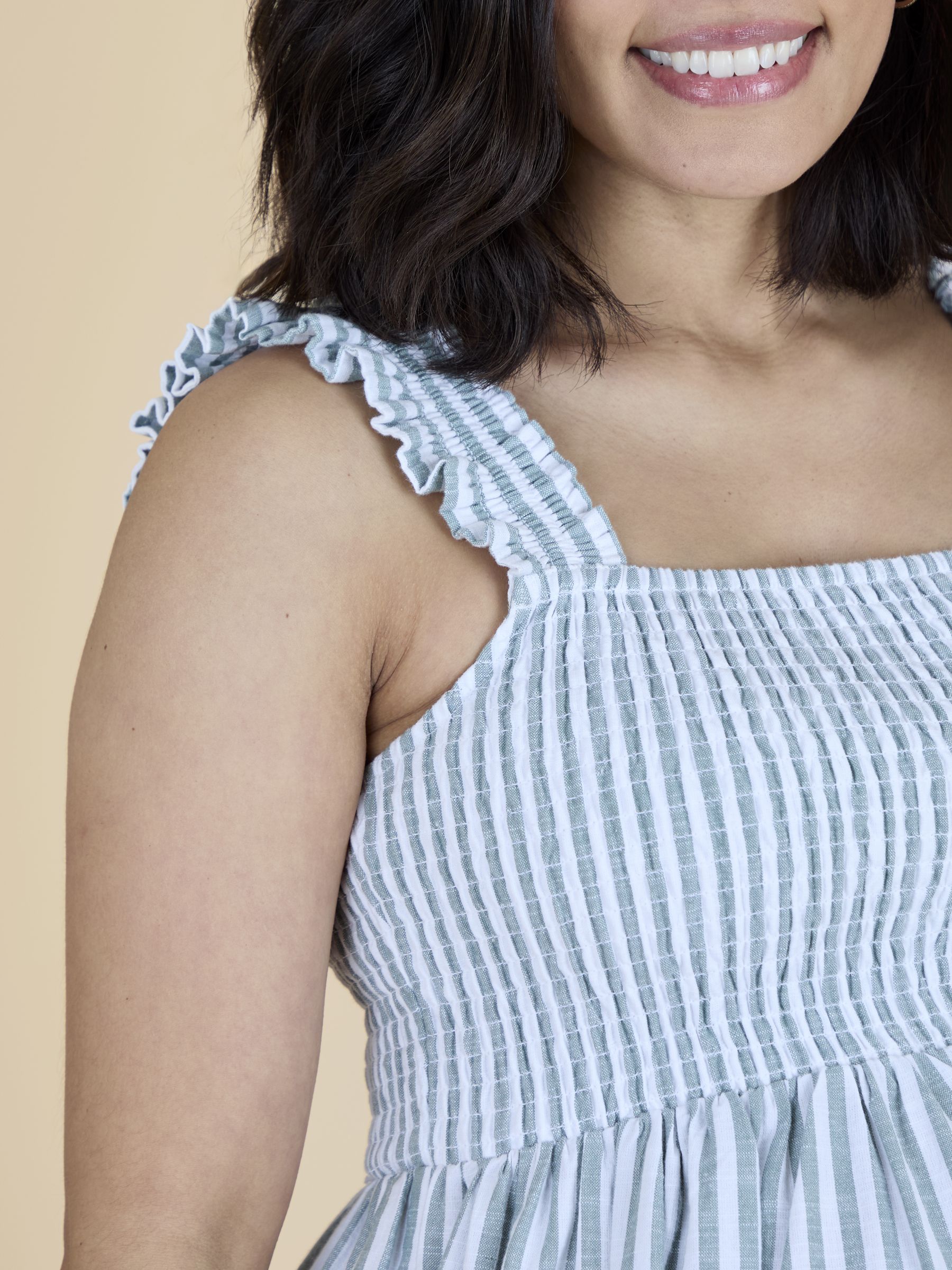 Sage Green Stripe Sleeveless Shirred Tiered Hem Midi Dress - Image 5 of 5