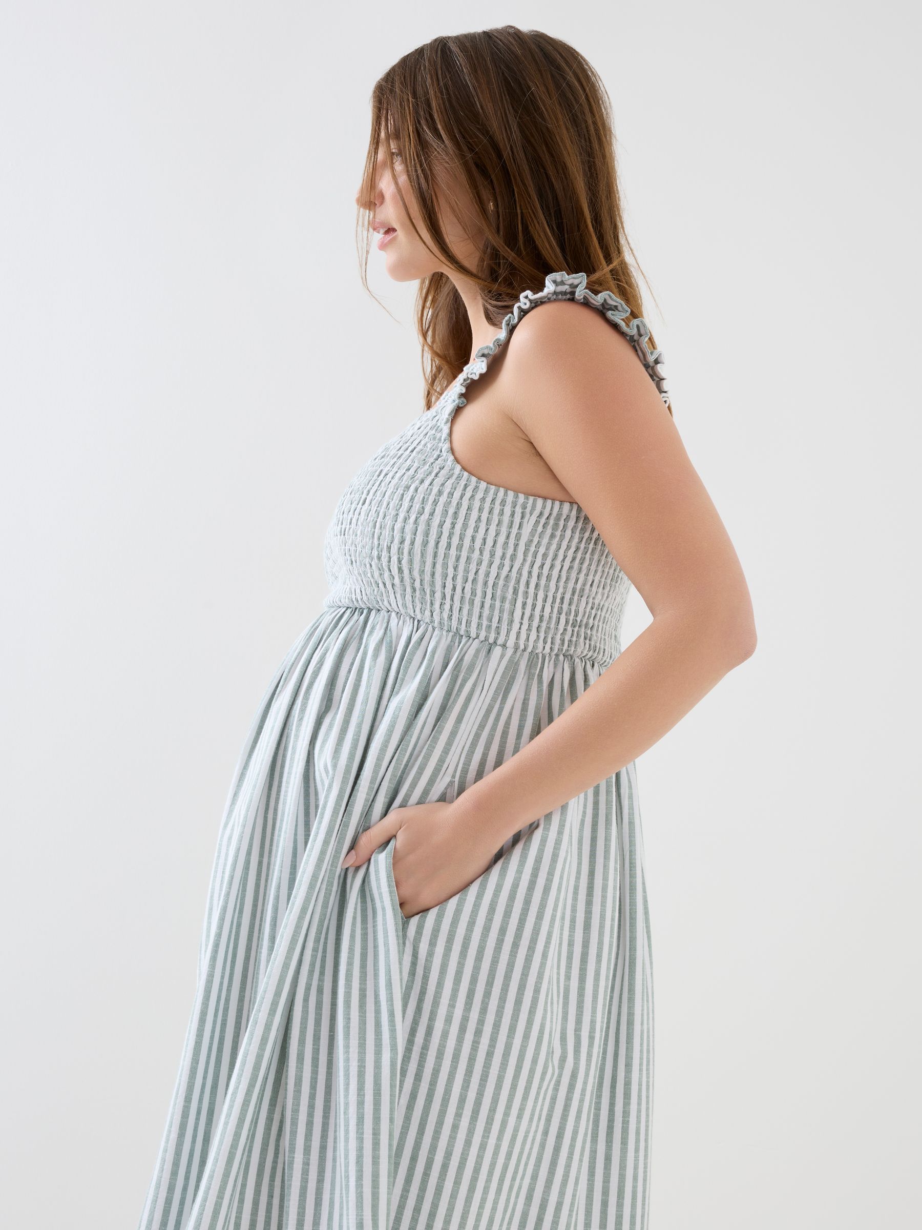 Sage Green Stripe Sleeveless Shirred Tiered Hem Midi Dress - Image 6 of 8