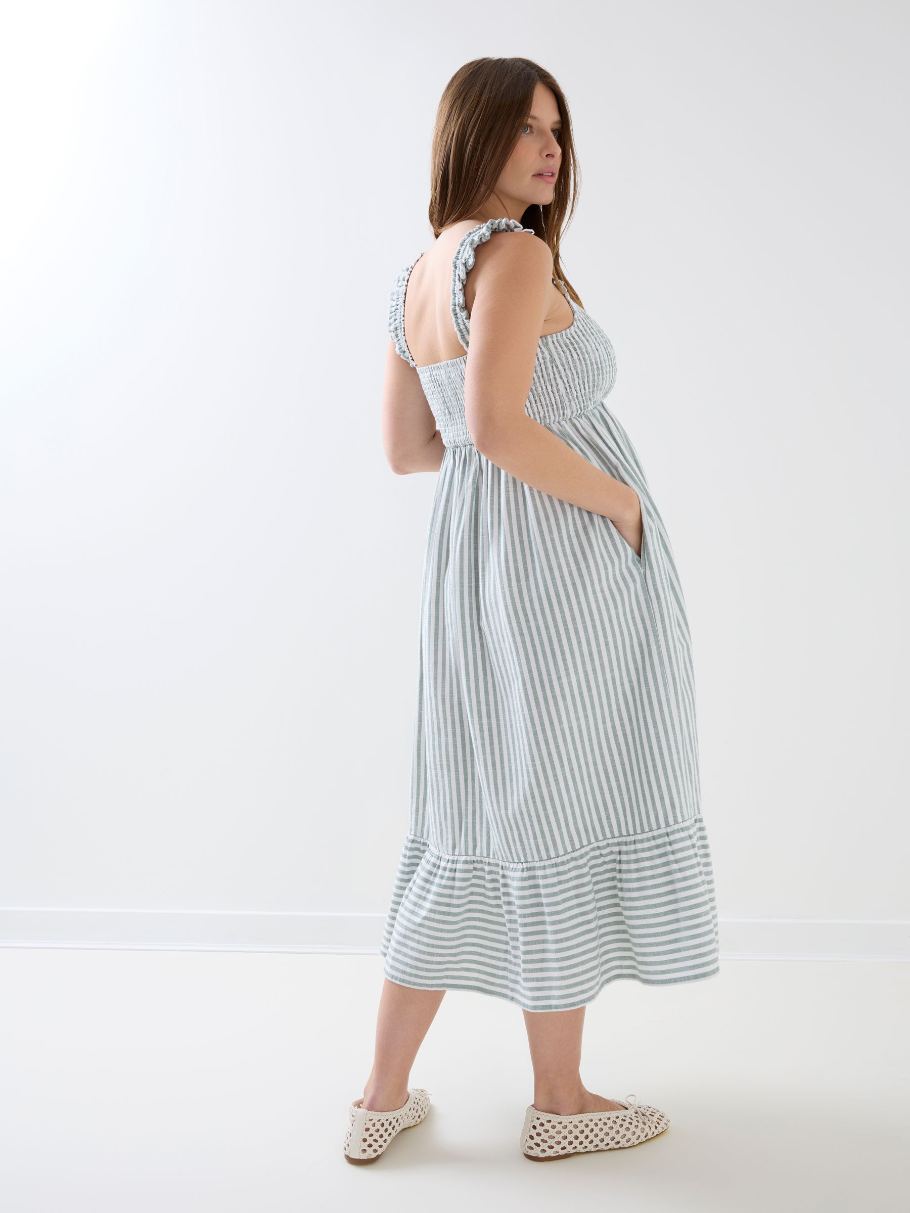 Sage Green Stripe Sleeveless Shirred Tiered Hem Midi Dress - Image 8 of 8 Sage Green Stripe Sleeveless Shirred Tiered Hem Midi Dress - Image 8 of 8