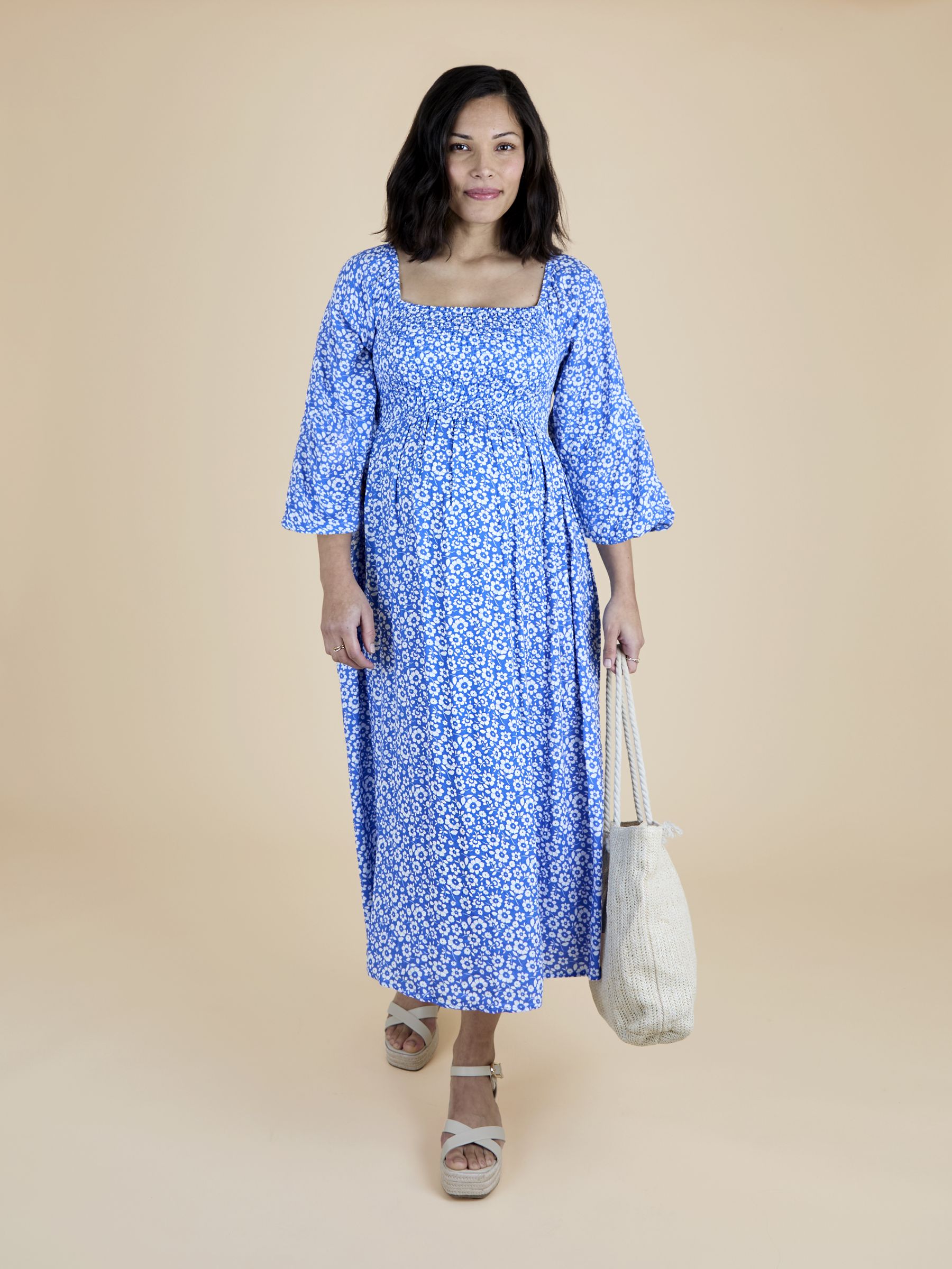 Blue Mid Puff Sleeve Shirred Midi Dress - Image 1 of 5