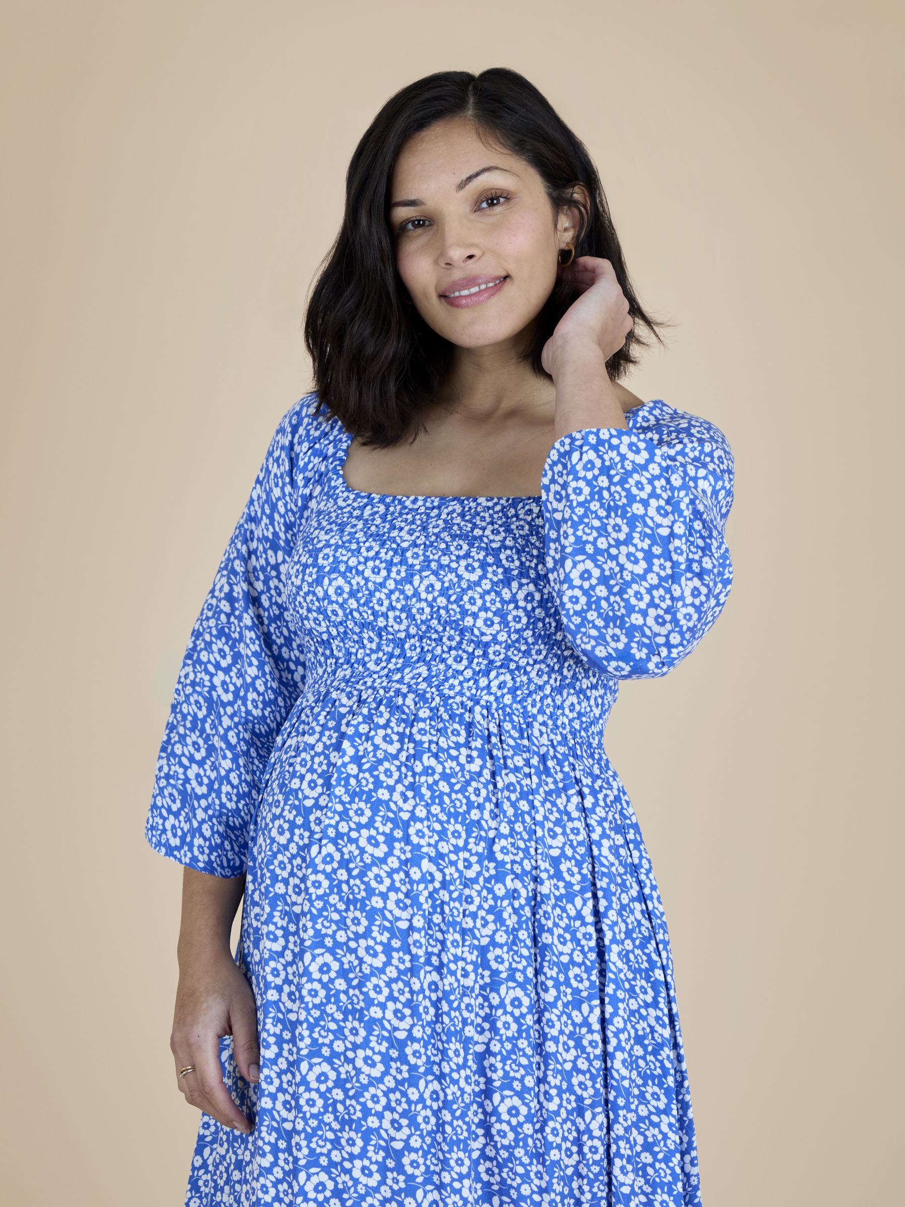 Blue Mid Puff Sleeve Shirred Midi Dress - Image 4 of 5