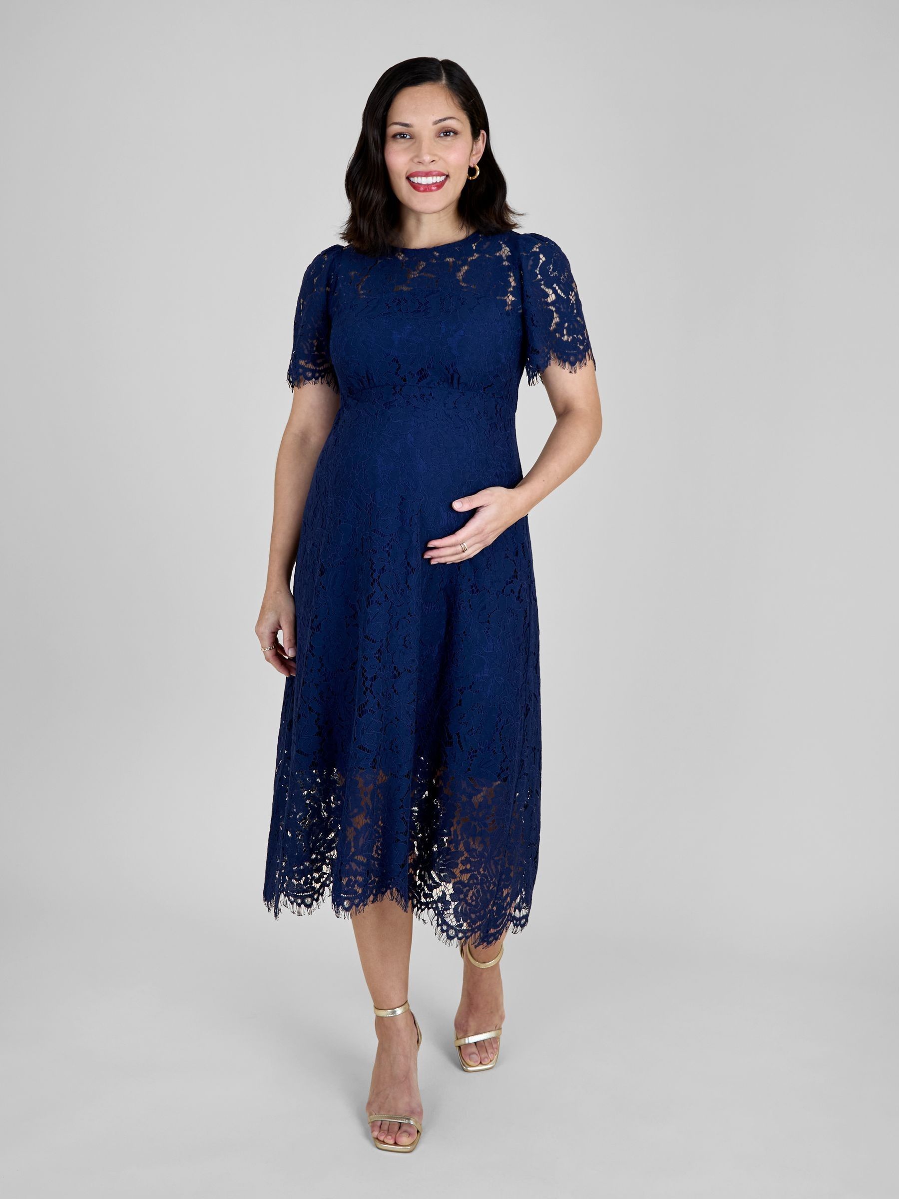 princess polly baby blue dress Maternity Light Blue Lace Trimmed Satin Midi Tea Dress