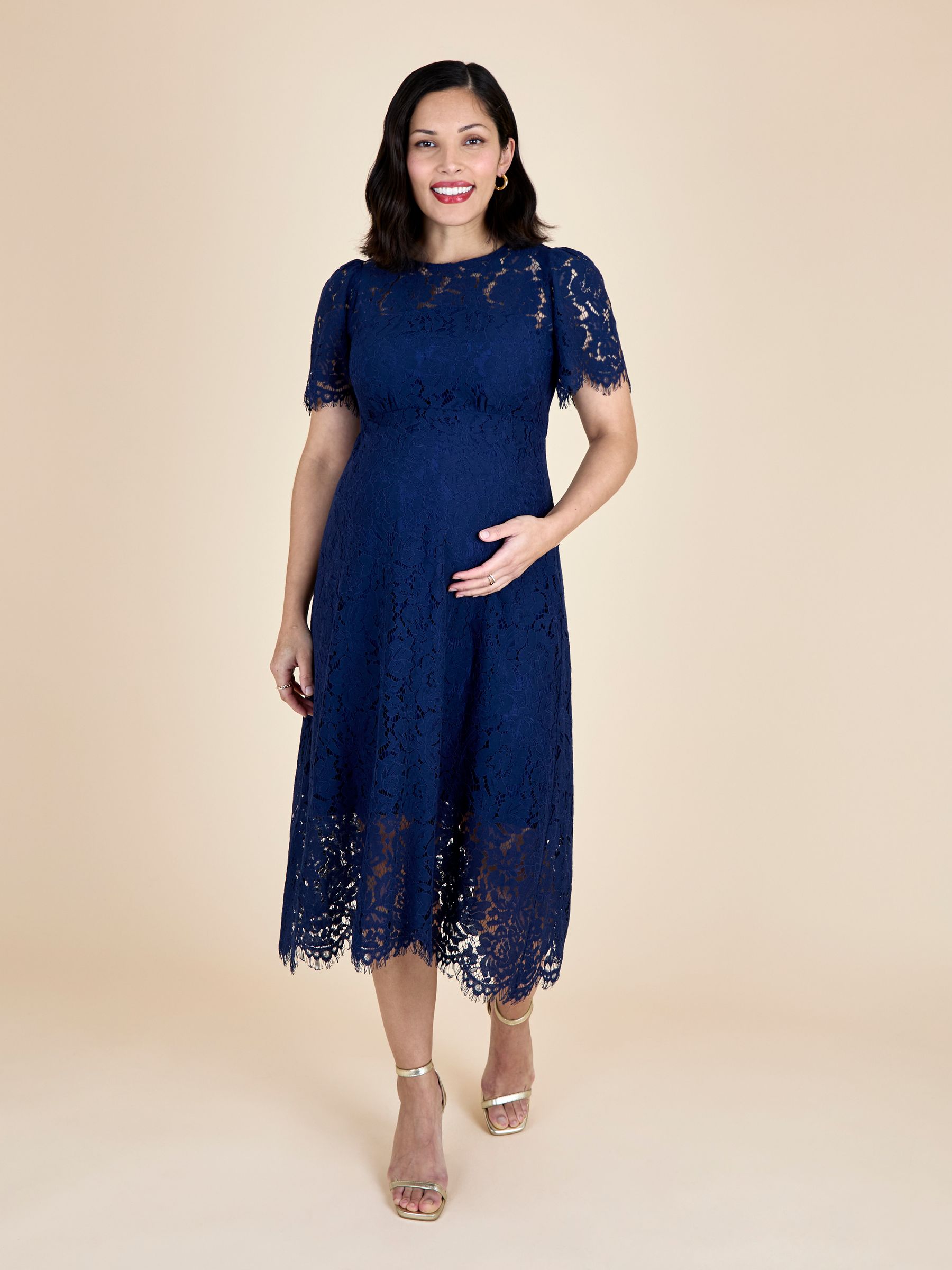 Navy Blue Lace Maternity Midi Dress - Image 1 of 6 Navy Blue Lace Maternity Midi Dress - Image 1 of 6