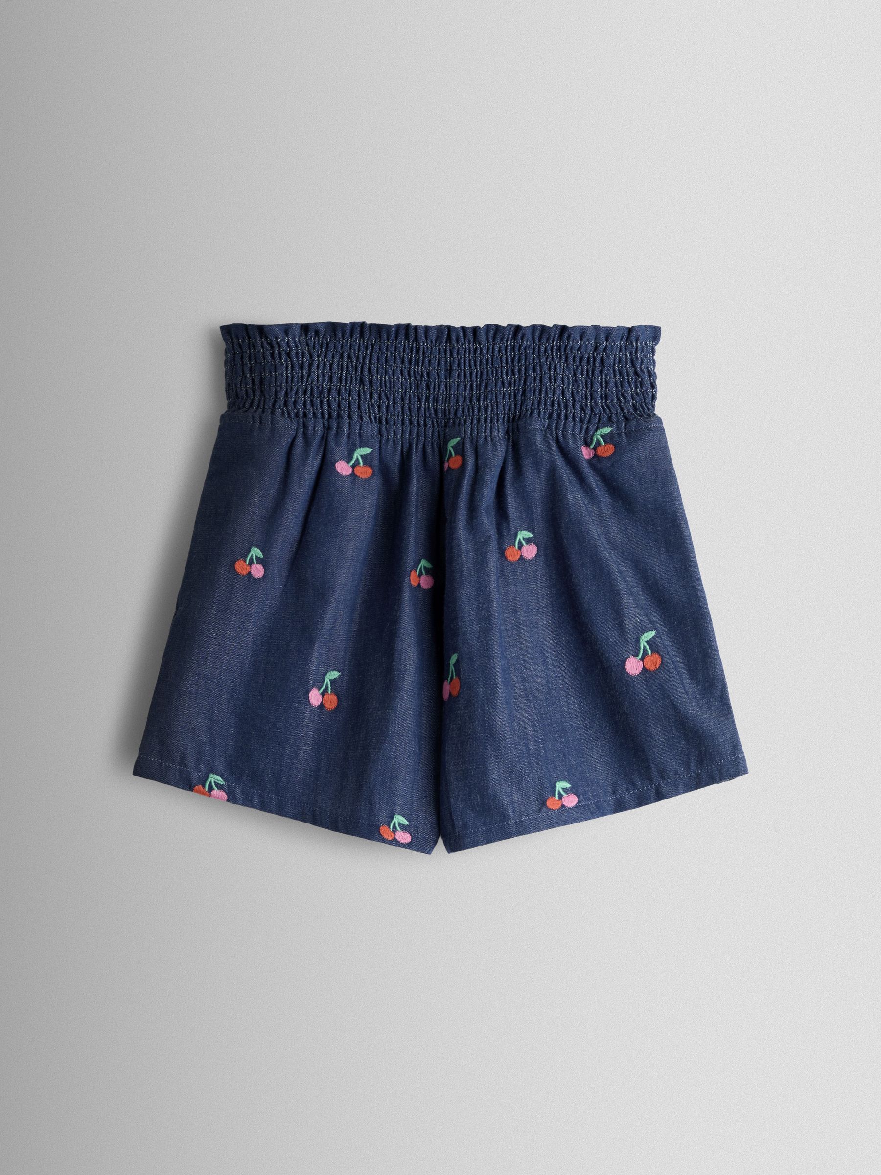 Blue Chambray Cherry Smocked Waistband Embroidered Shorts - Image 1 of 3