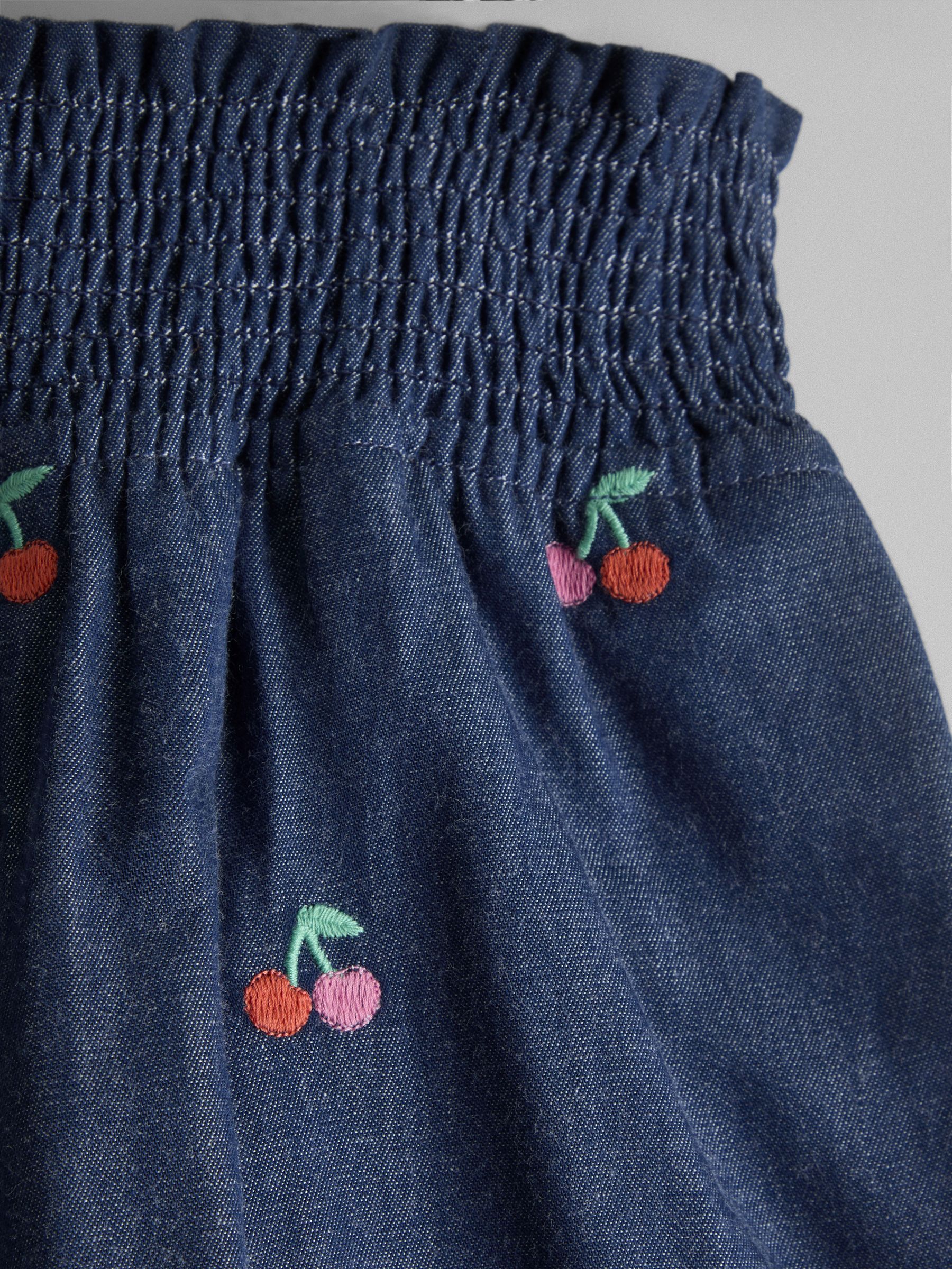 Blue Chambray Cherry Smocked Waistband Embroidered Shorts - Image 3 of 3