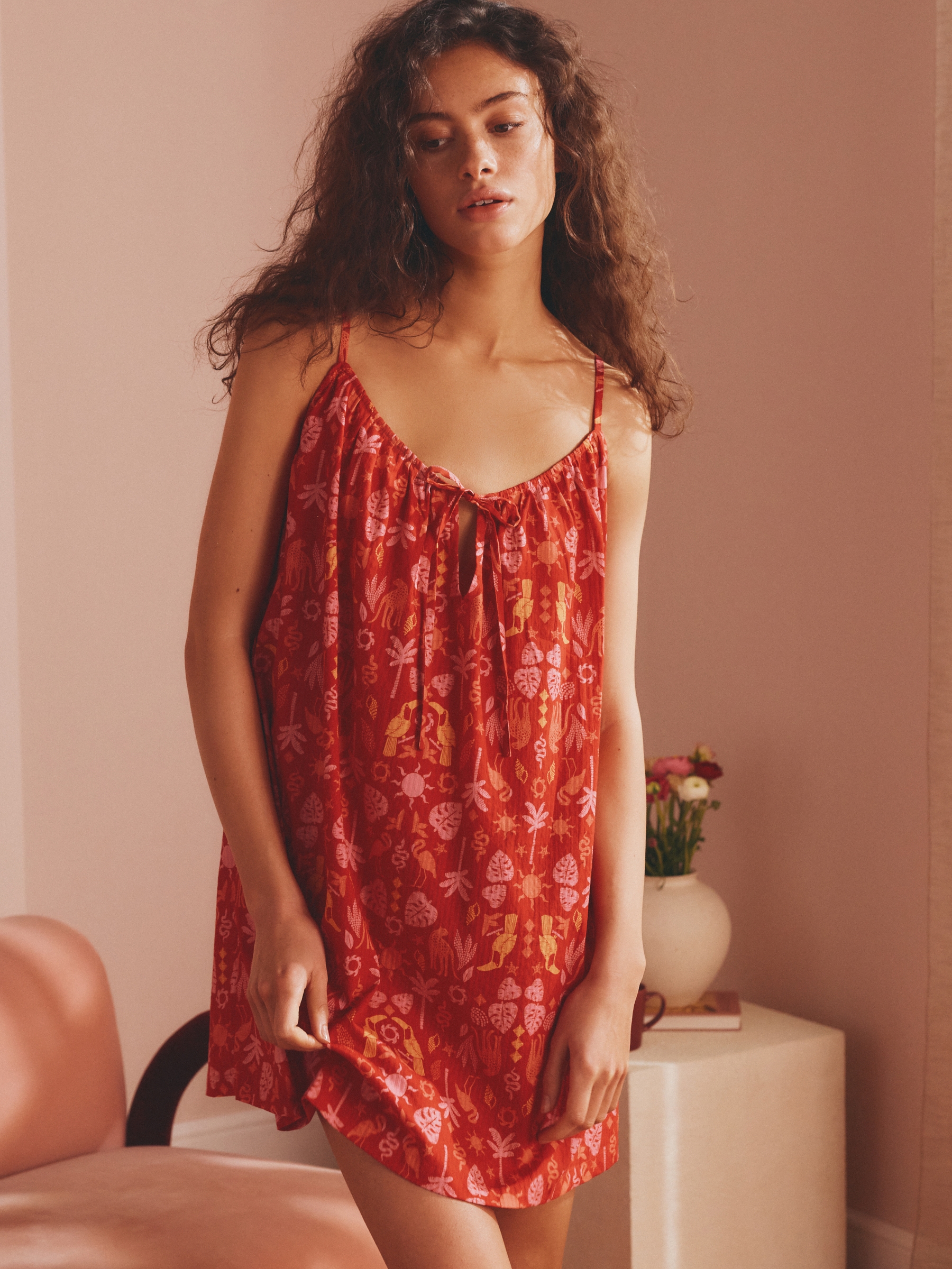 Pink/Orange Woven Cotton Slip Nightie - Image 1 of 6
