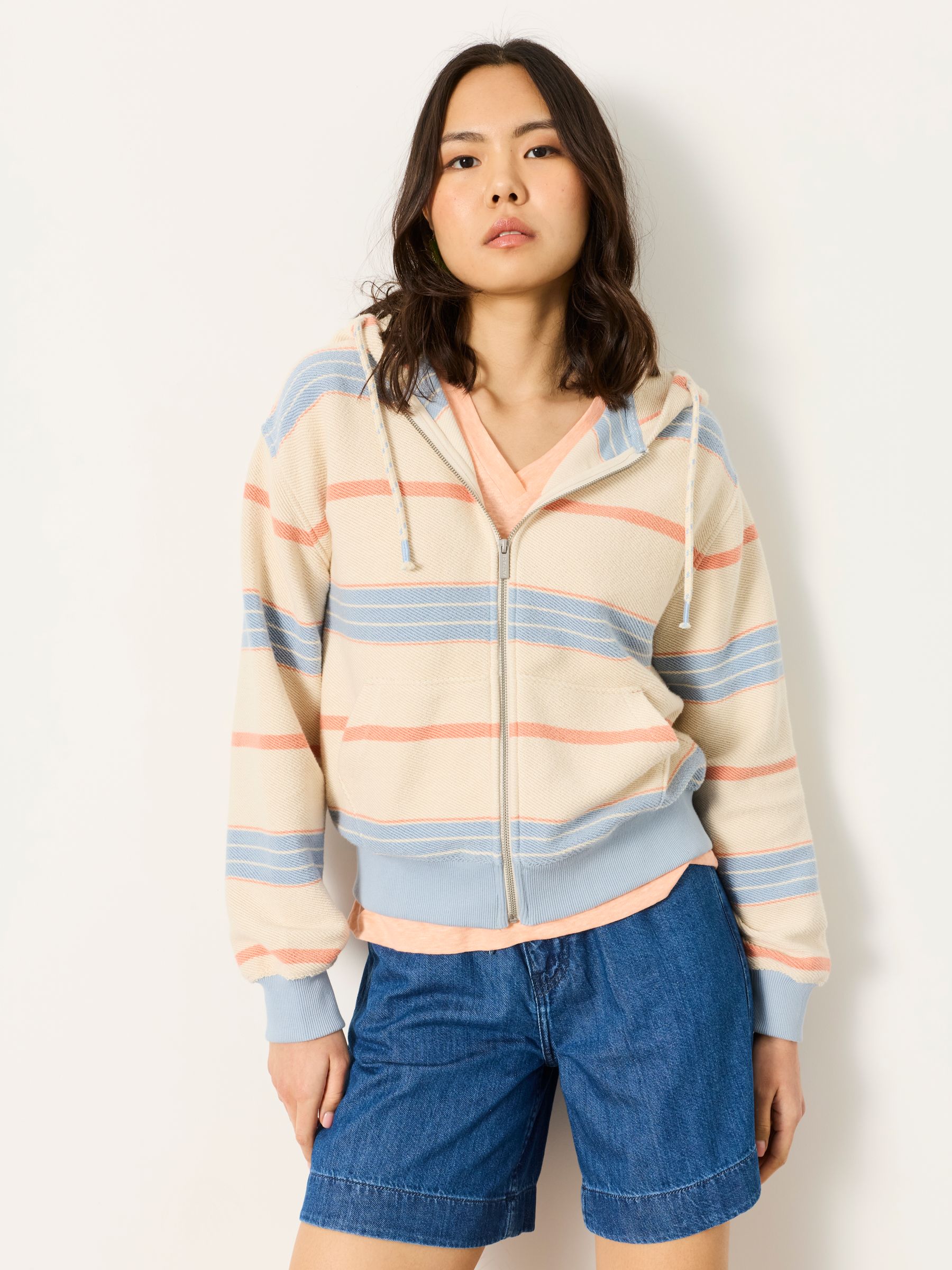 Flora Multi Textured Stripe Zip Through Hoodie - Image 1 of 6