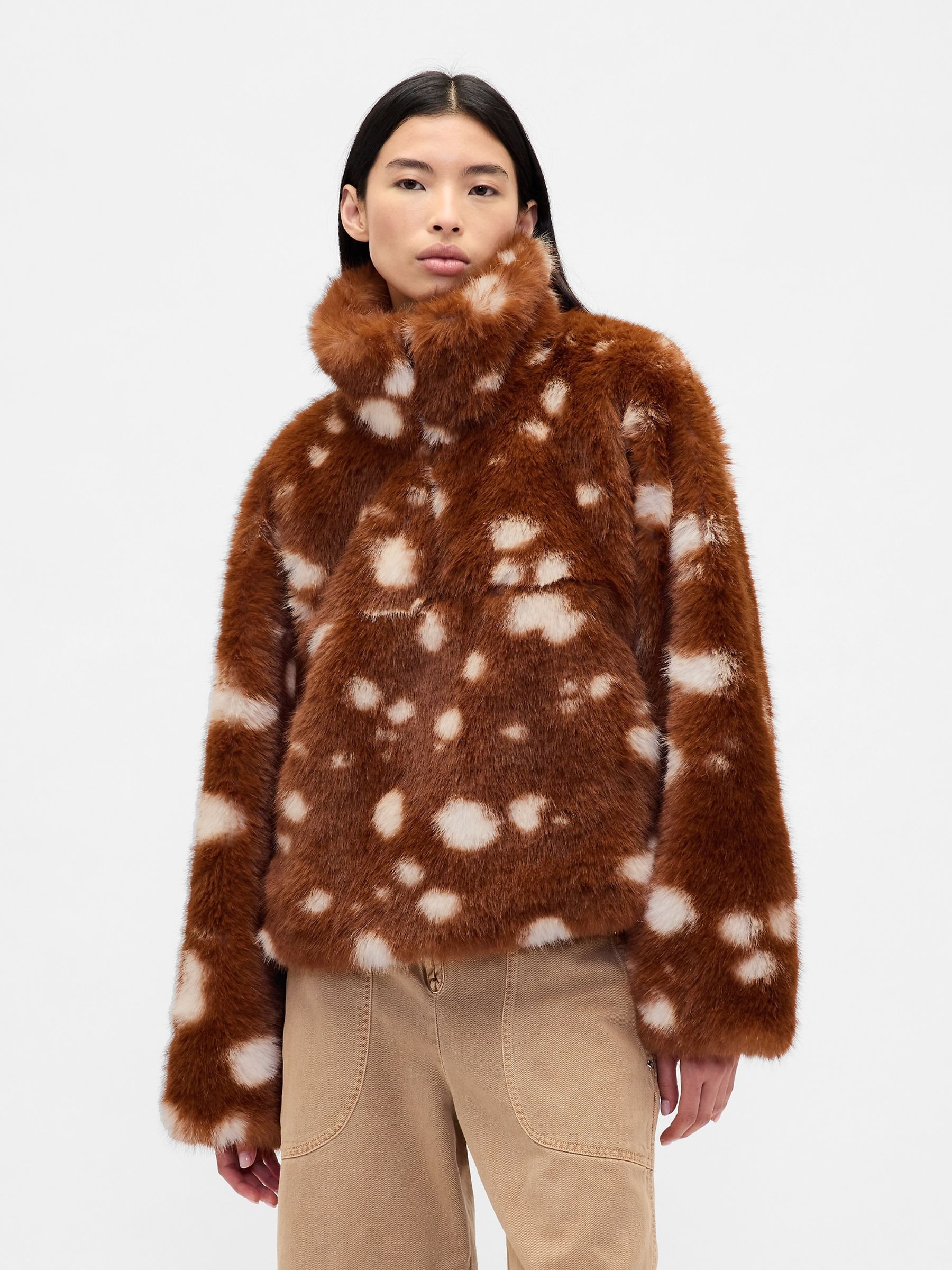 Brown Sandy Liang Spotted Vegan Fur Half-Zip Pullover Jacket - Image 1 of 5