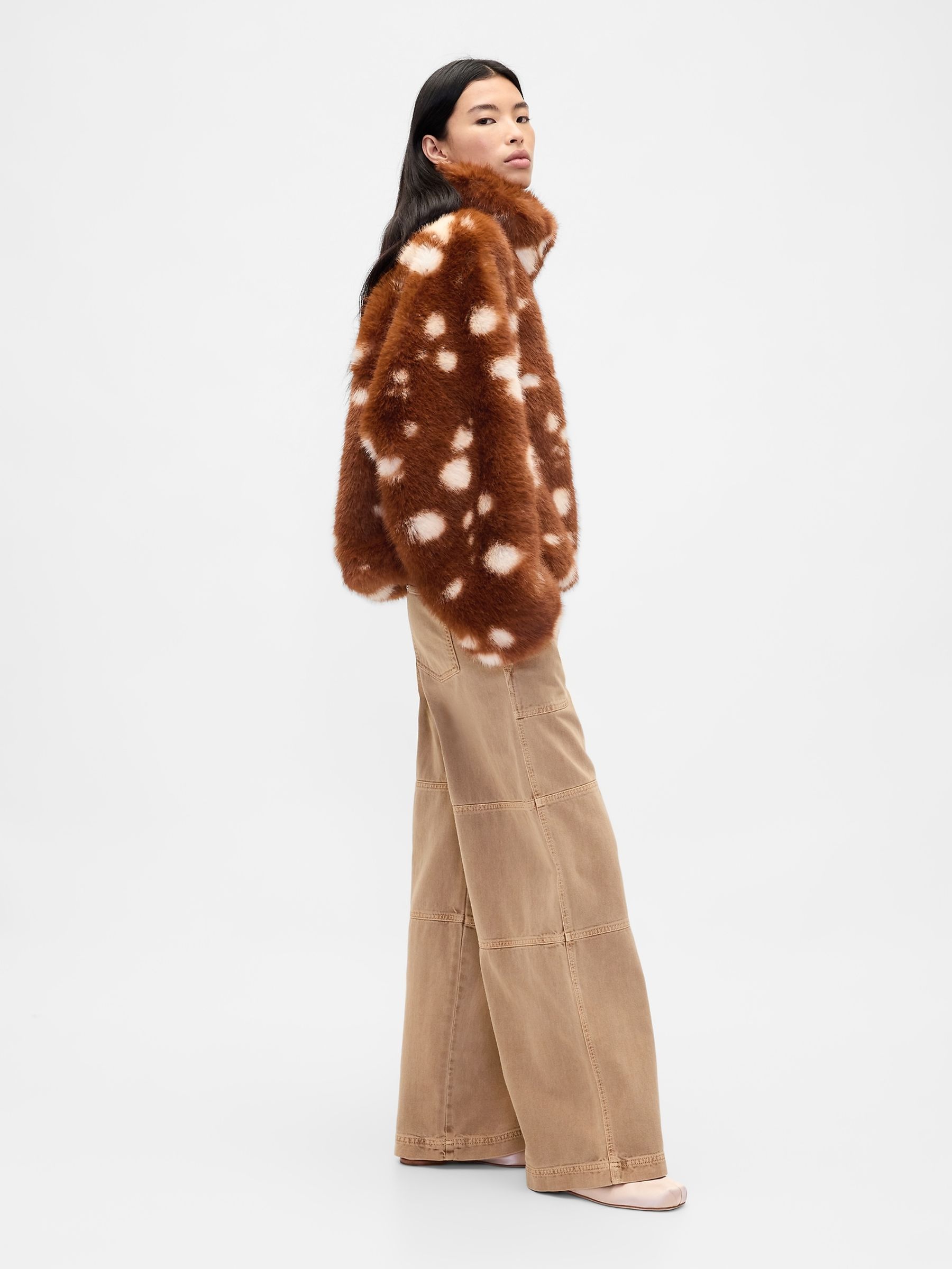 Brown Sandy Liang Spotted Vegan Fur Half-Zip Pullover Jacket - Image 4 of 5