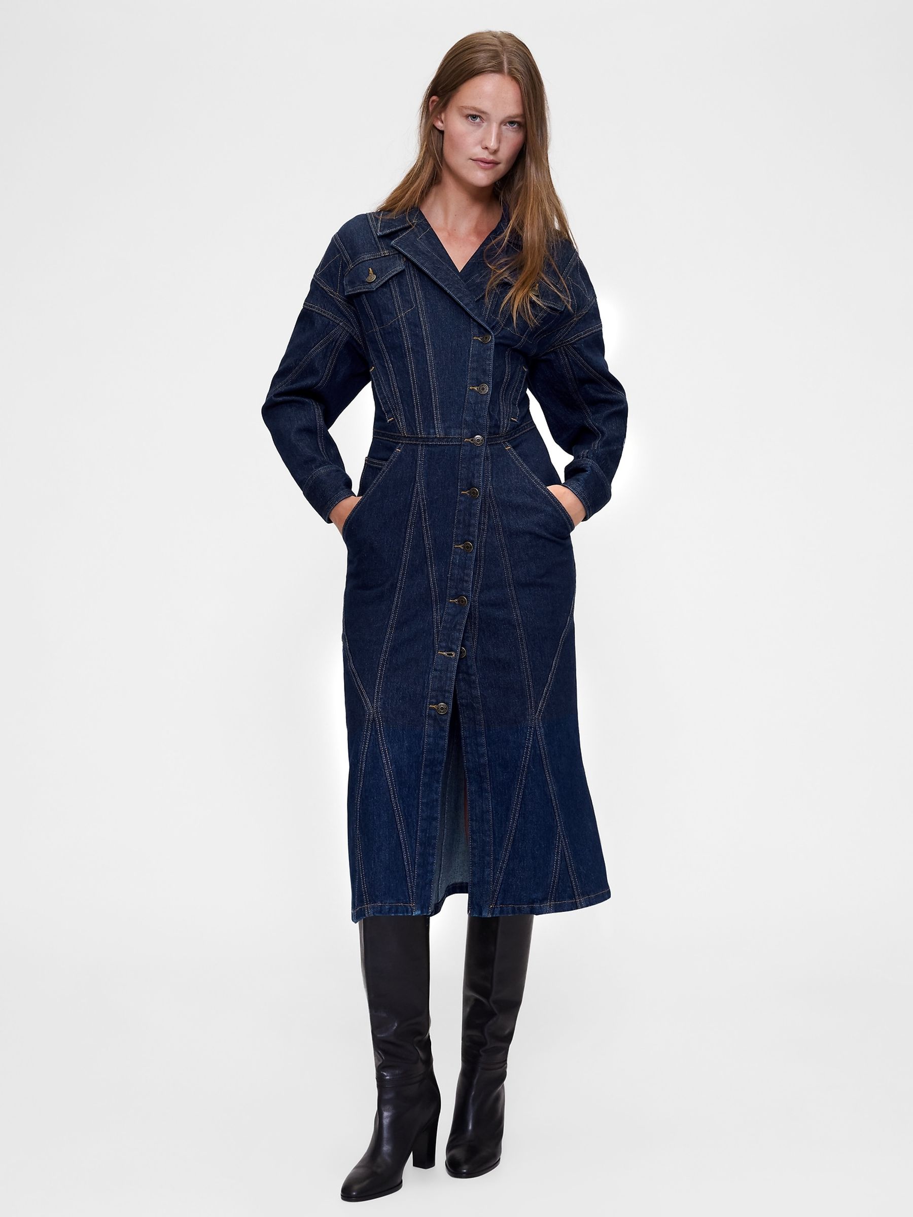 Dark Wash Blue Seamed Denim Midi Shirt Dress - Image 1 of 5