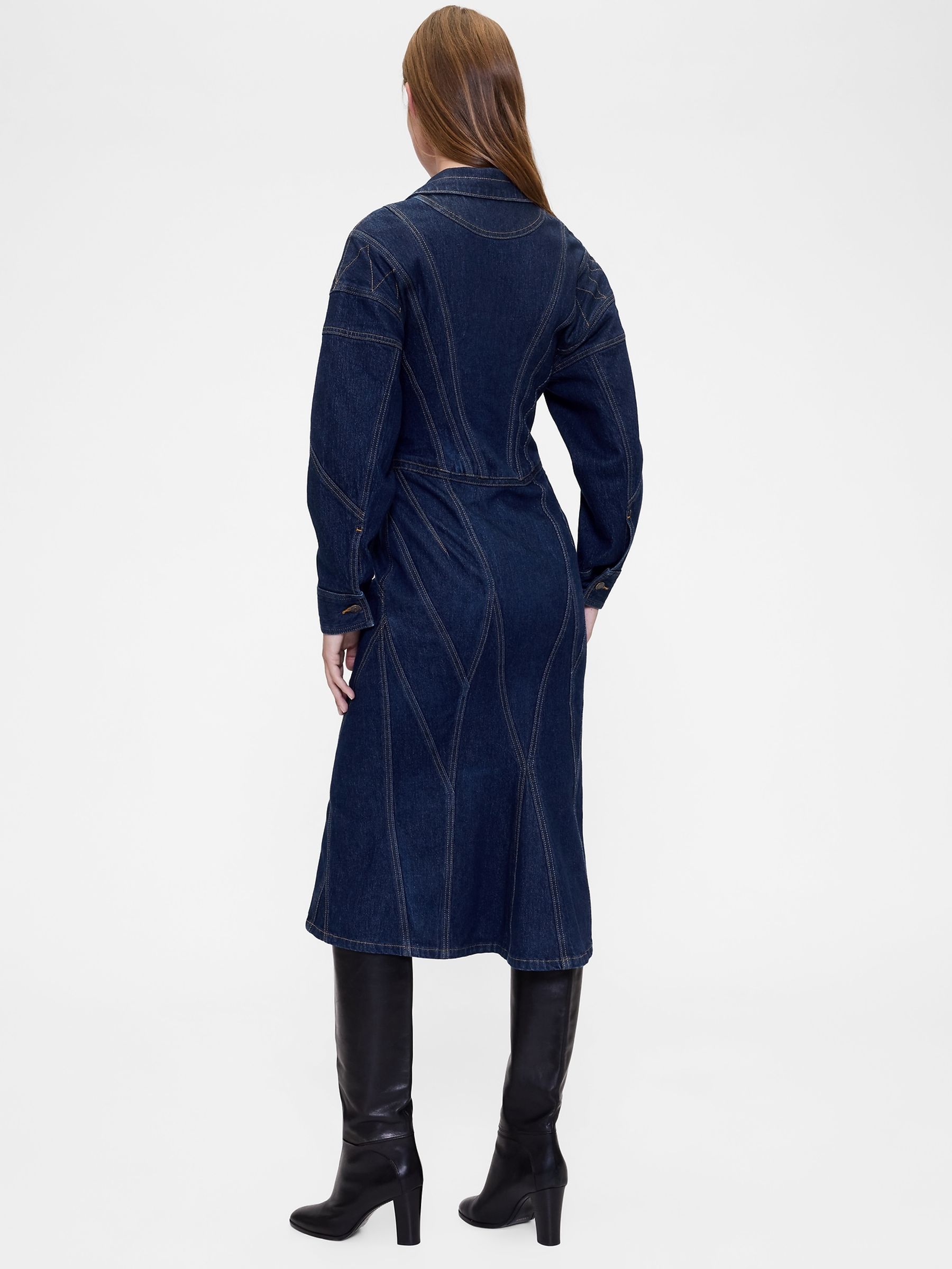 Dark Wash Blue Seamed Denim Midi Shirt Dress - Image 2 of 5